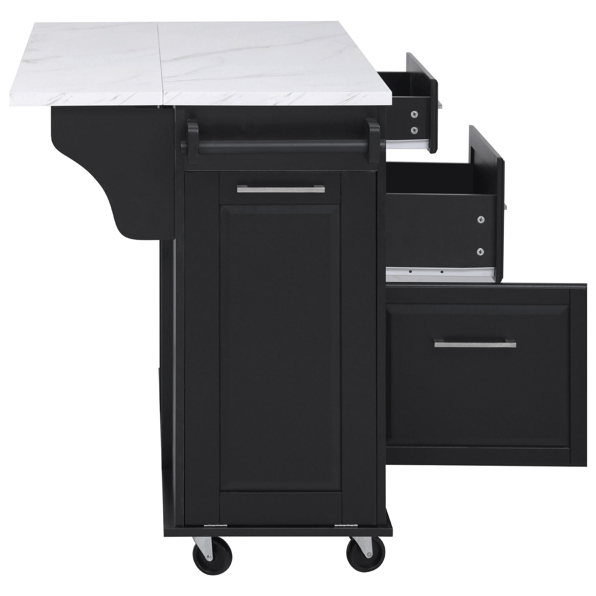 Deauville black kitchen island showing drop leaf countertop towel bar drawer storage and lower cabinet access from side view