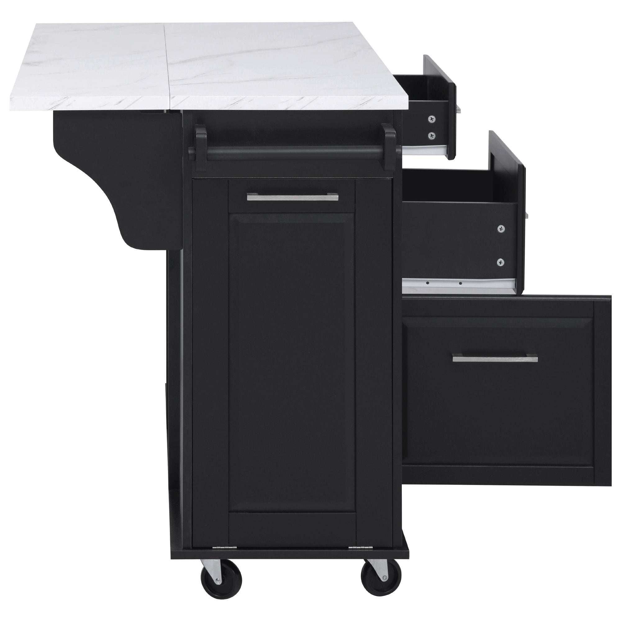 Deauville black kitchen island showing drop leaf countertop towel bar drawer storage and lower cabinet access from side view