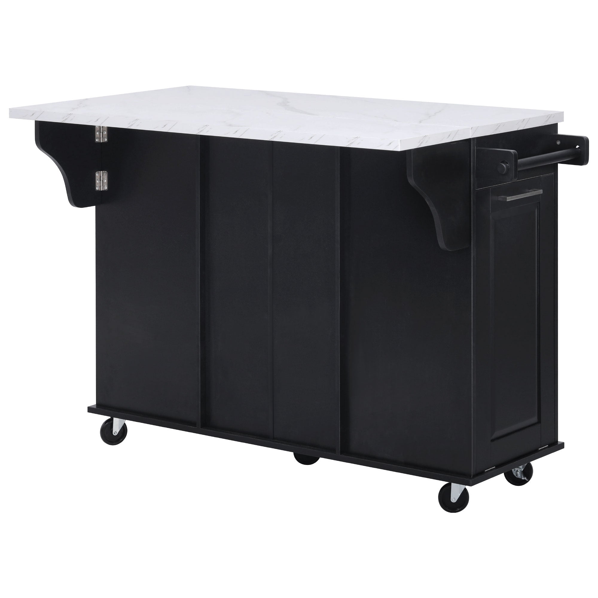 Deauville black kitchen island showing fully extended drop leaf countertop for dining serving and additional kitchen workspace