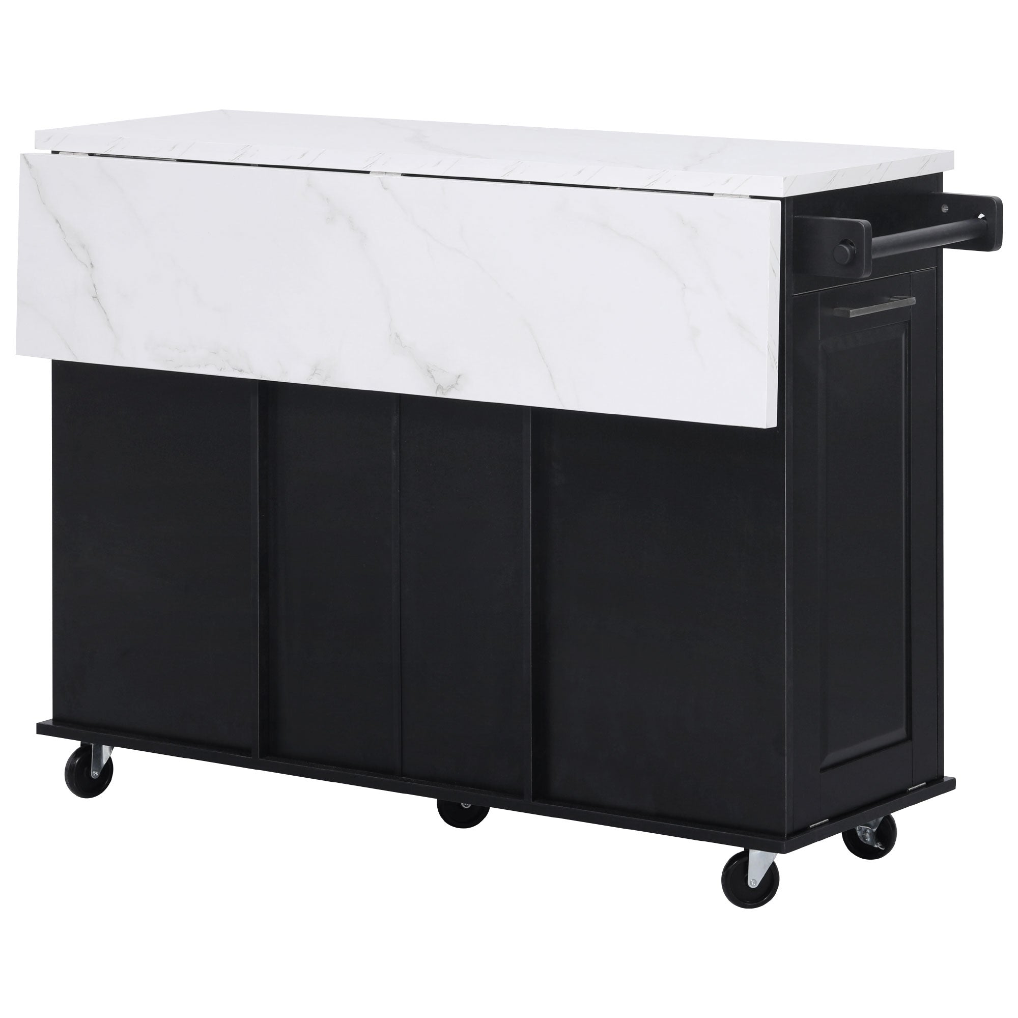 Deauville black kitchen island showing folded drop leaf countertop in space - saving configuration with marble - look surface and caster wheels