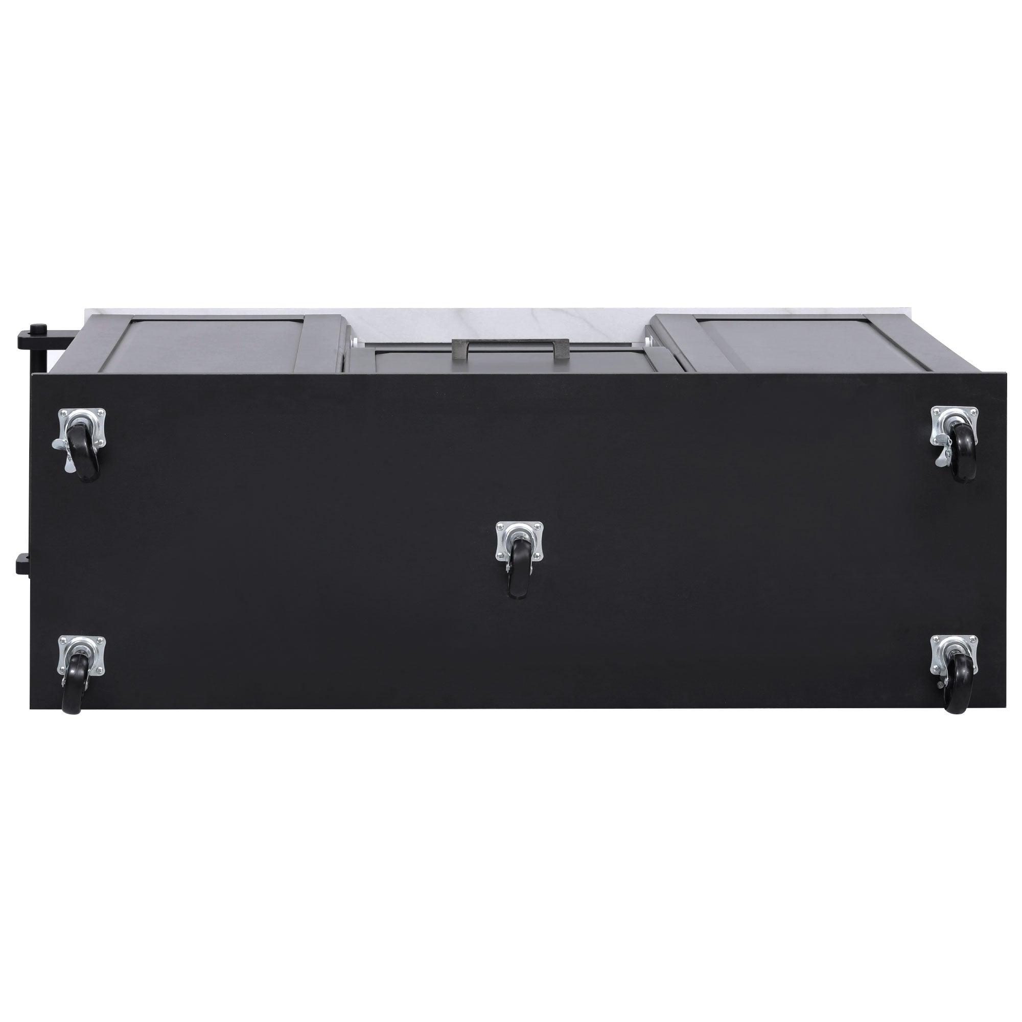 Deauville black kitchen island showing underside construction with rolling caster wheels for smooth mobility and stable positioning