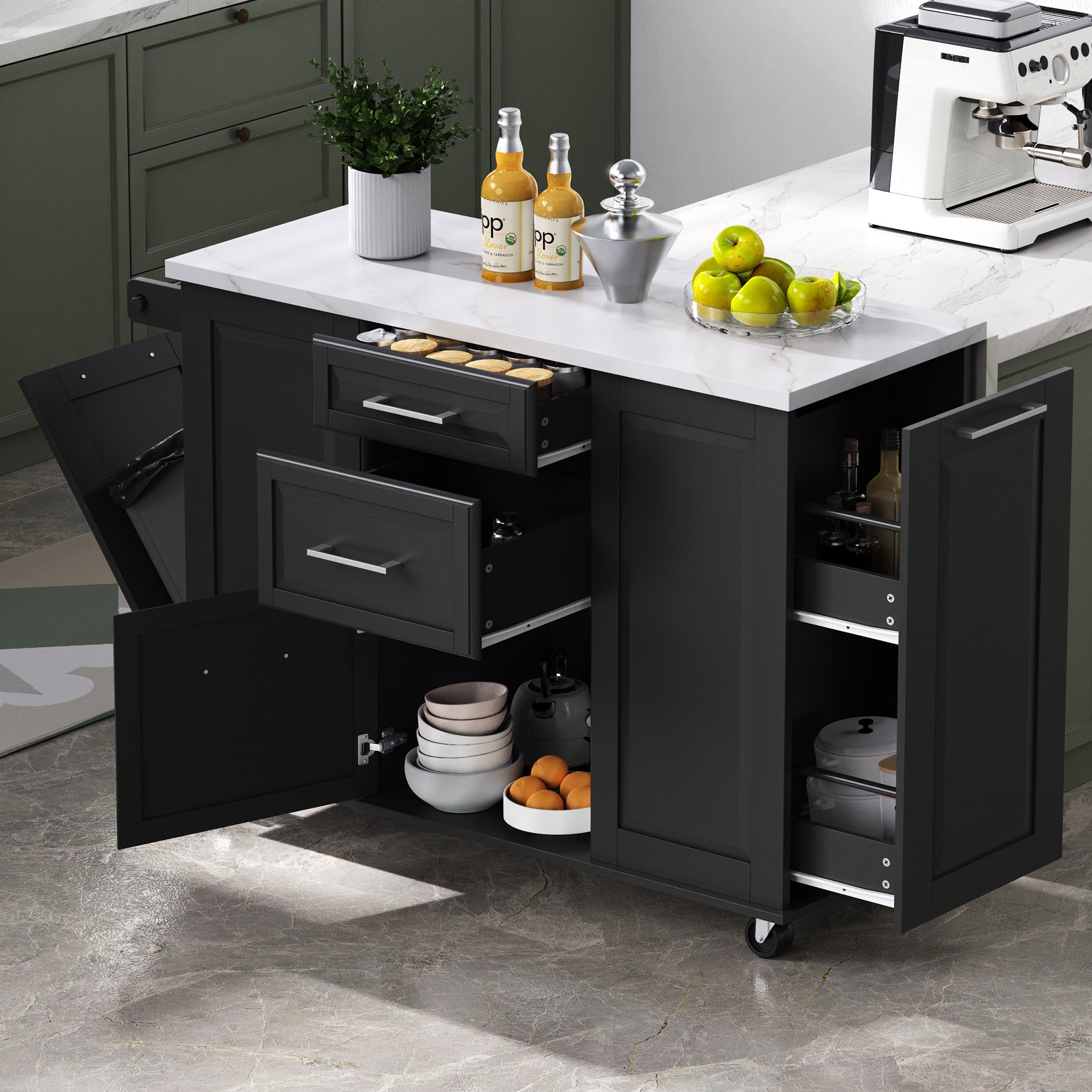 Deauville black kitchen island showing pull-out organizer shelves drawers hidden tilt-out trash cabinet and spacious storage compartments