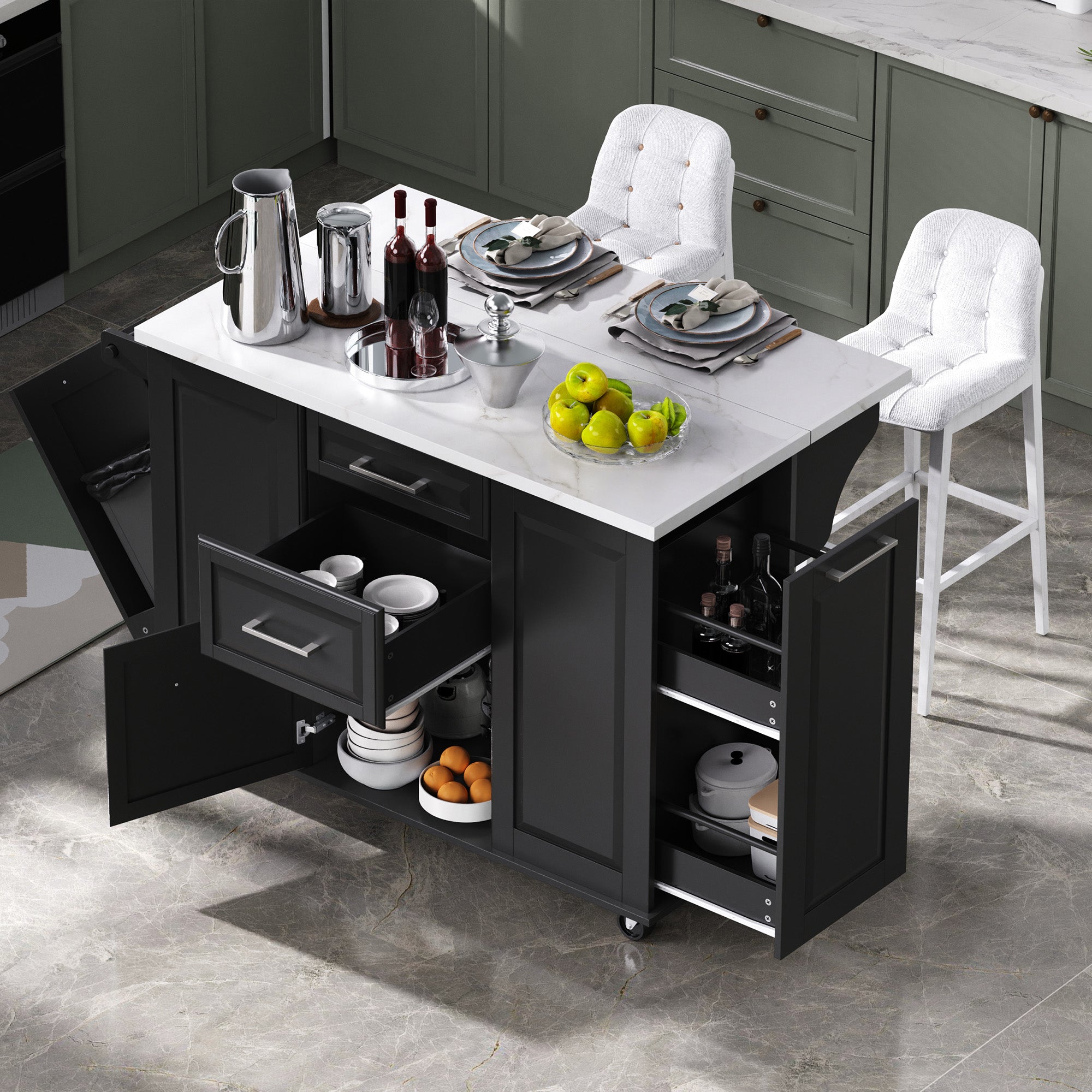Deauville black kitchen island showing expanded drop leaf dining surface with drawers pull-out organizers hidden trash cabinet and seating space for two