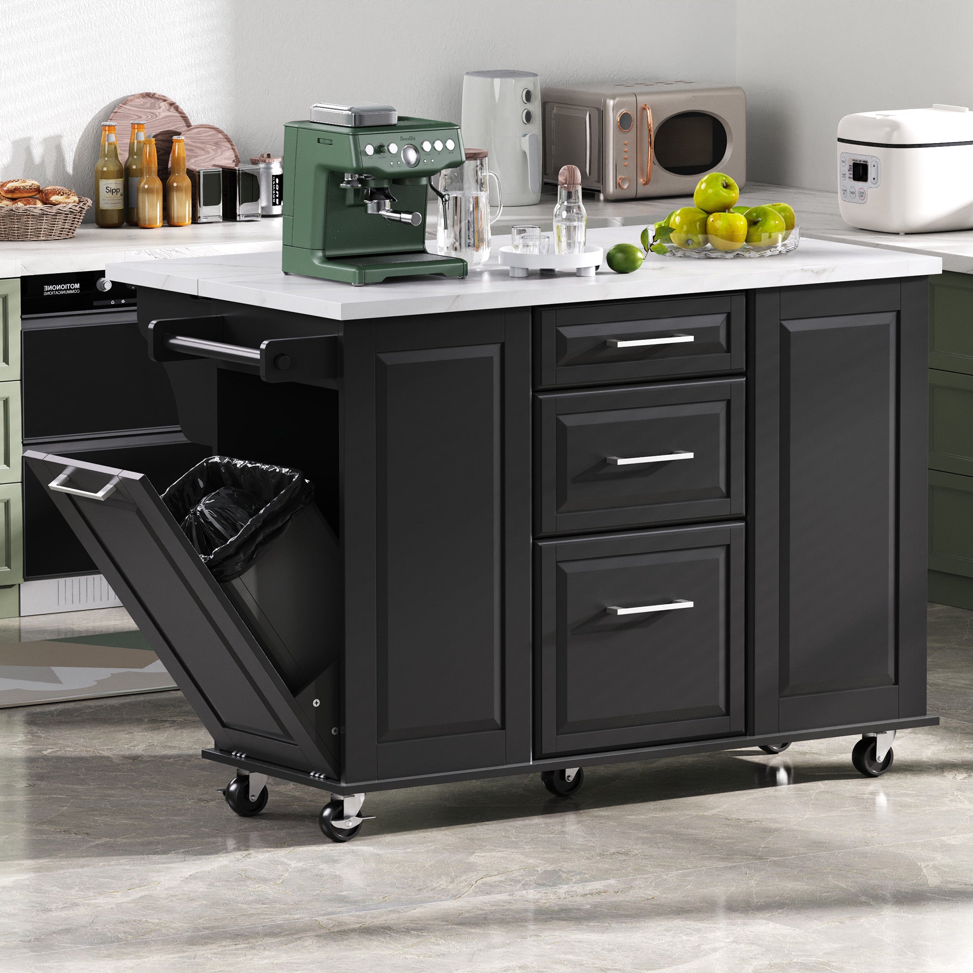 Deauville black kitchen island showing drop leaf countertop hidden tilt-out trash cabinet drawers and rolling storage in a modern kitchen