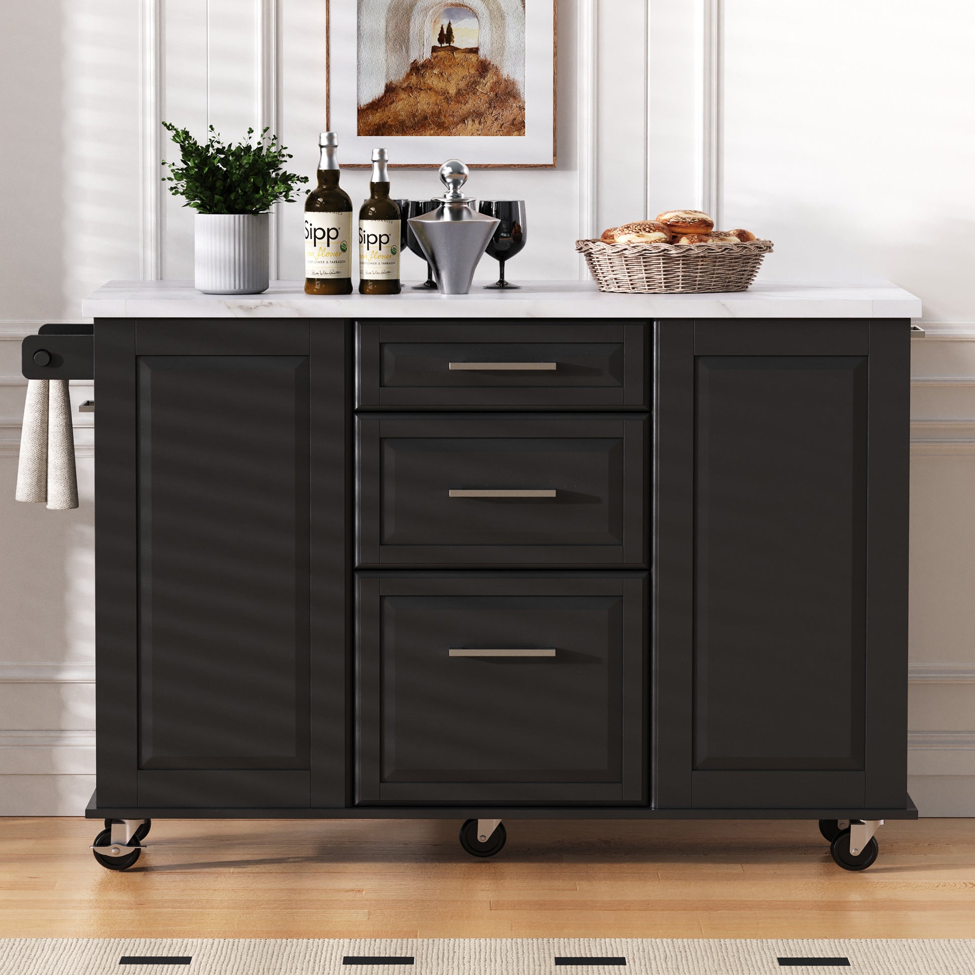 Deauville black kitchen island showing drop leaf countertop drawers storage cabinets towel bar and rolling caster wheels