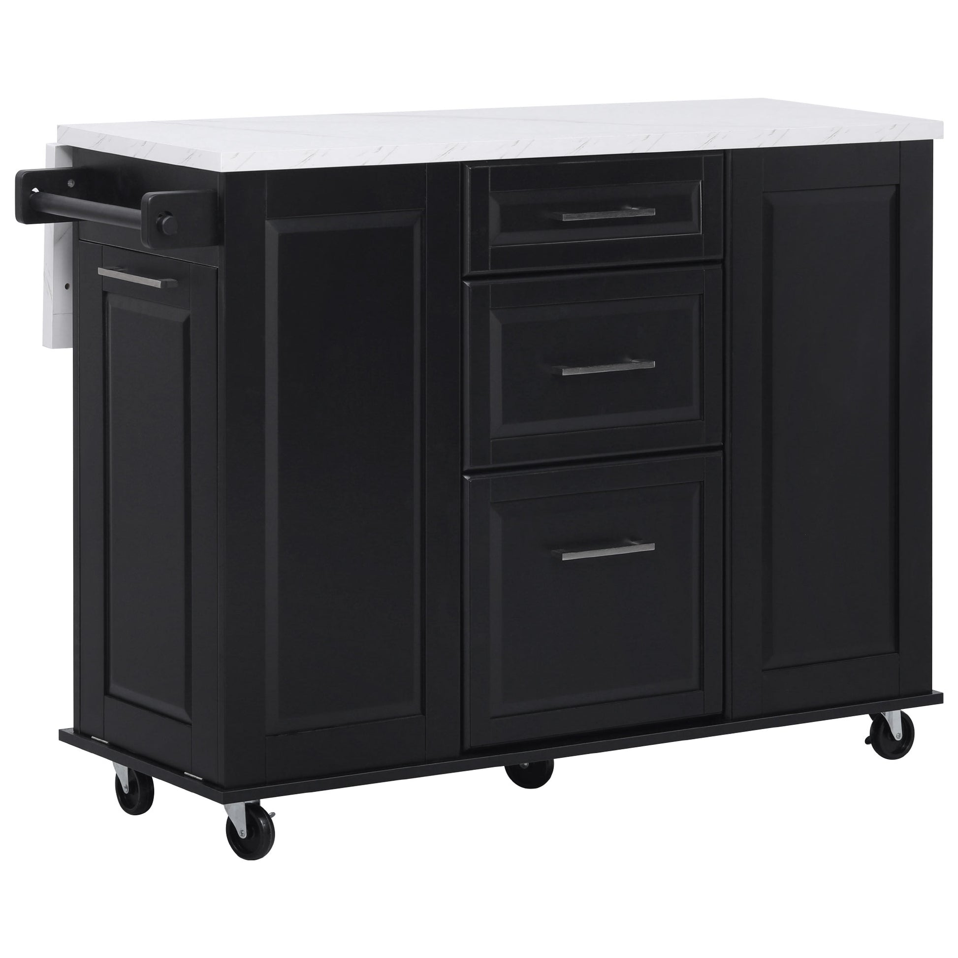 Deauville black kitchen island showing drop leaf countertop drawers storage cabinets towel holder and rolling caster wheels from angled view