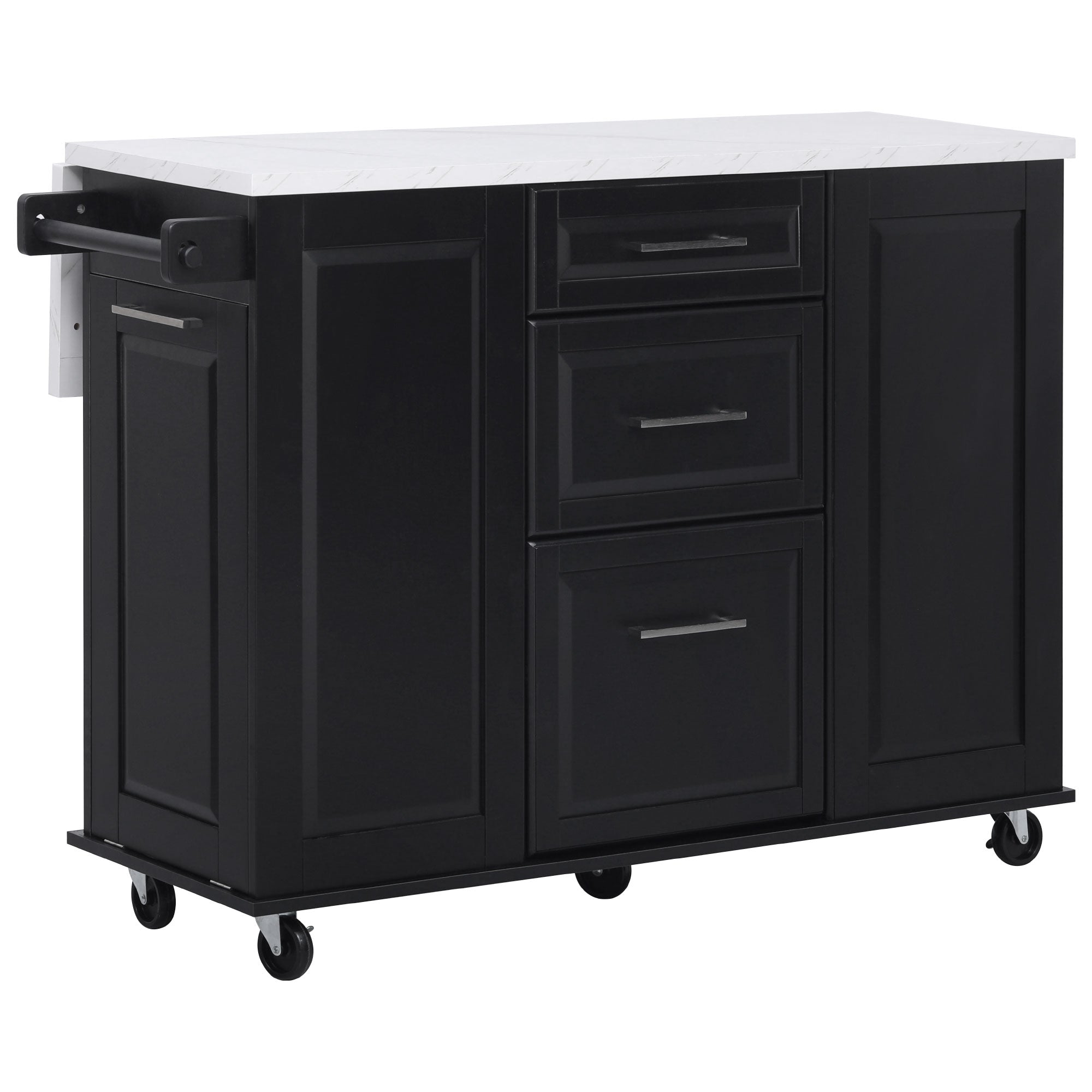 Deauville black kitchen island showing drop leaf countertop drawers storage cabinets towel holder and rolling caster wheels from angled view
