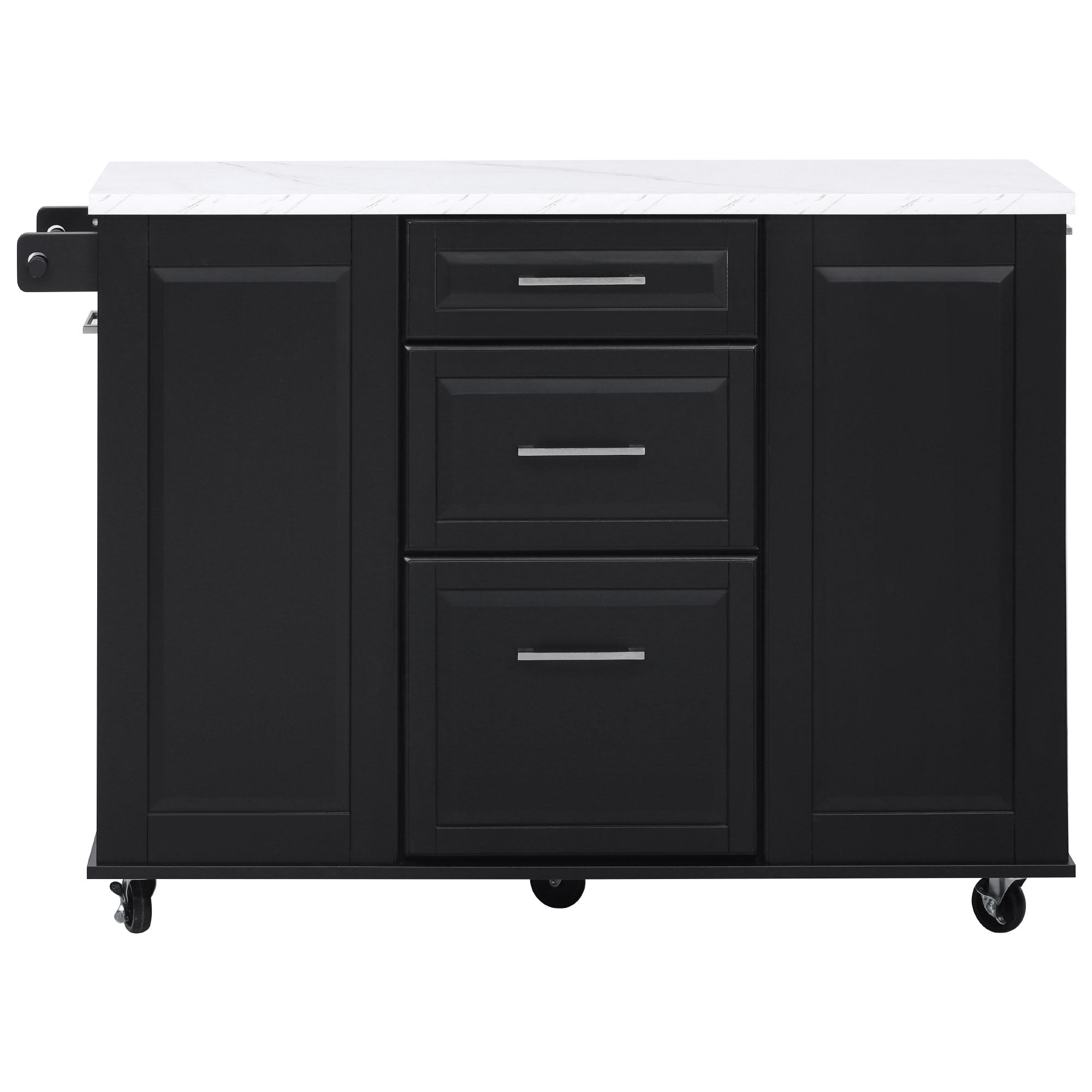 Deauville black kitchen island showing front view with three storage drawers side cabinets marble-look countertop and caster wheels