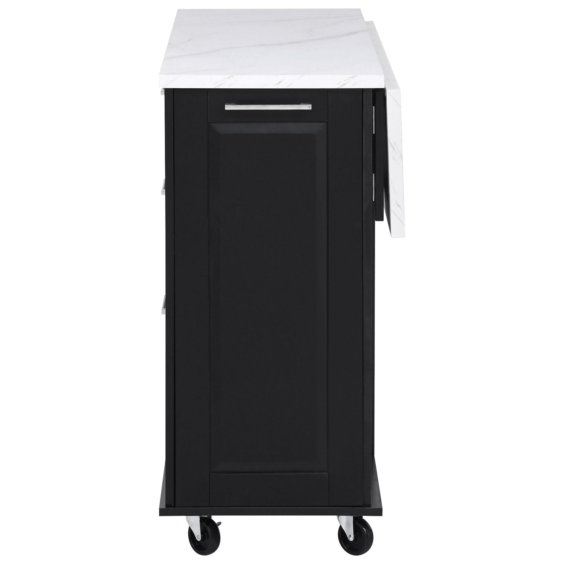 Deauville black kitchen island showing side profile with drop leaf extension countertop and storage cabinet structure