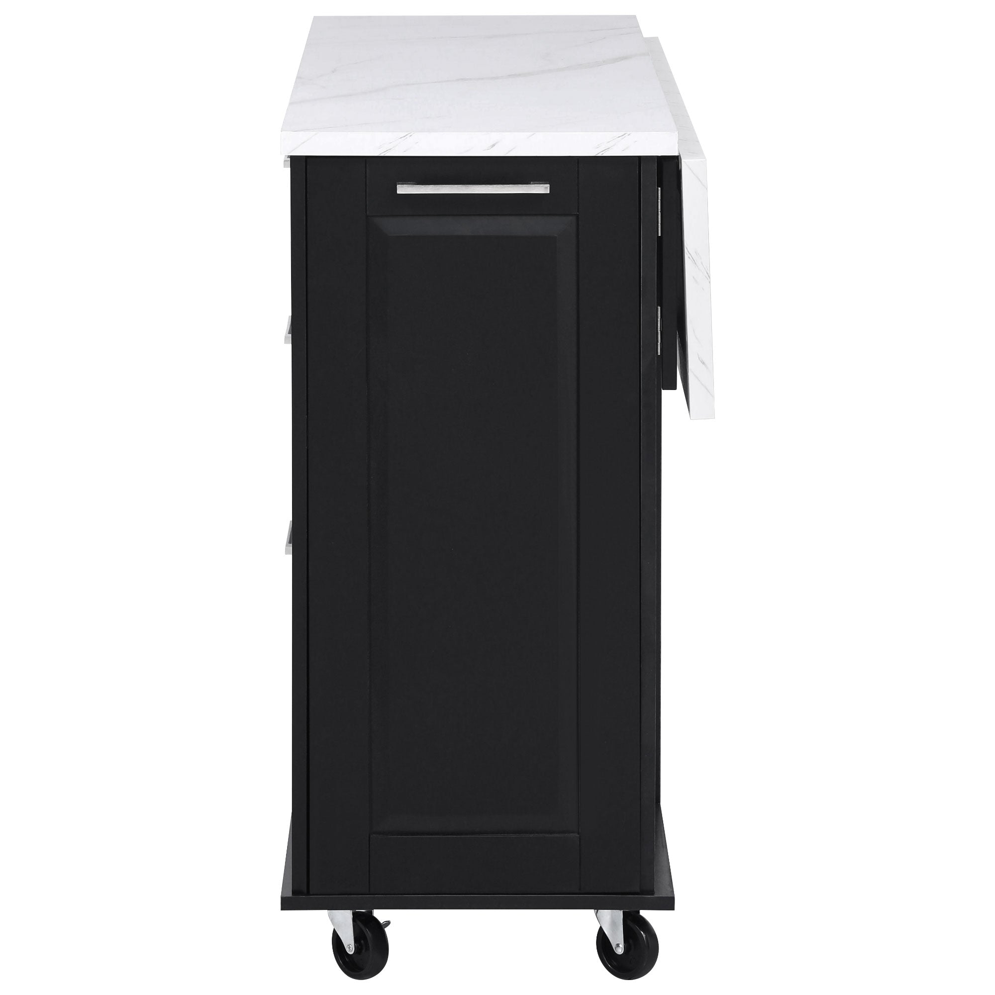Deauville black kitchen island showing side profile with drop leaf extension countertop and storage cabinet structure