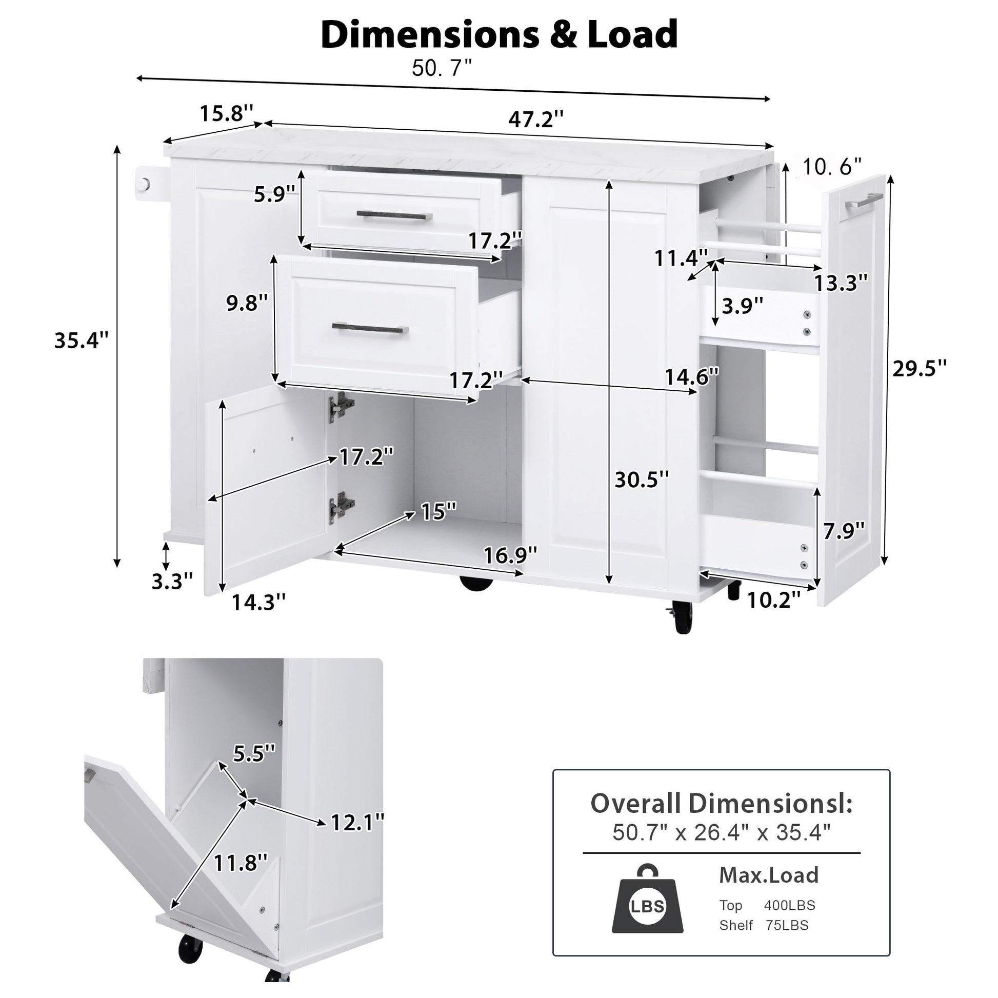 Deauville white rolling kitchen island dimension diagram with drawer measurements storage cabinet sizes and 400 lb load capacity details