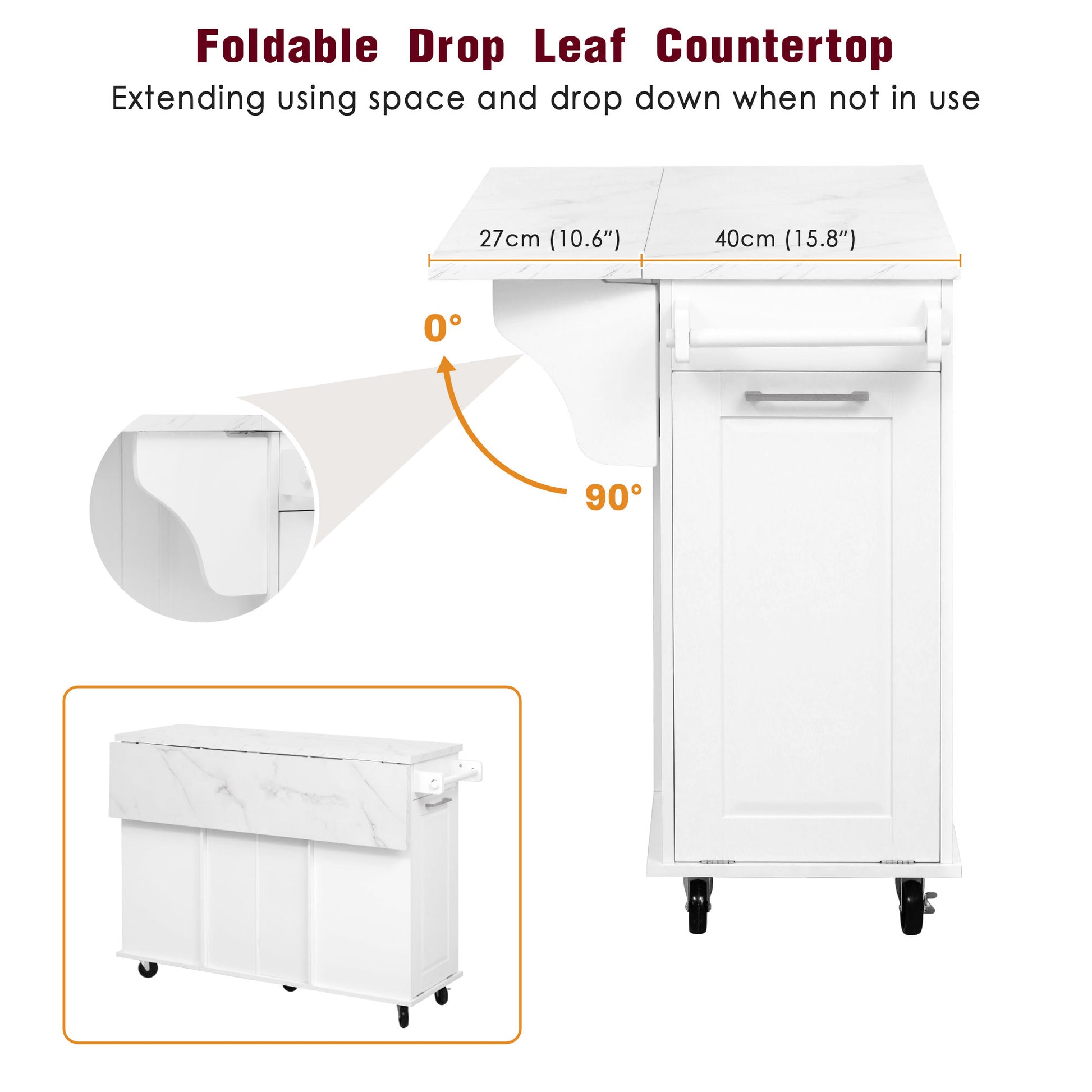 Deauville white rolling kitchen island foldable drop leaf countertop demonstration with expandable workspace dimensions and space-saving design illustration