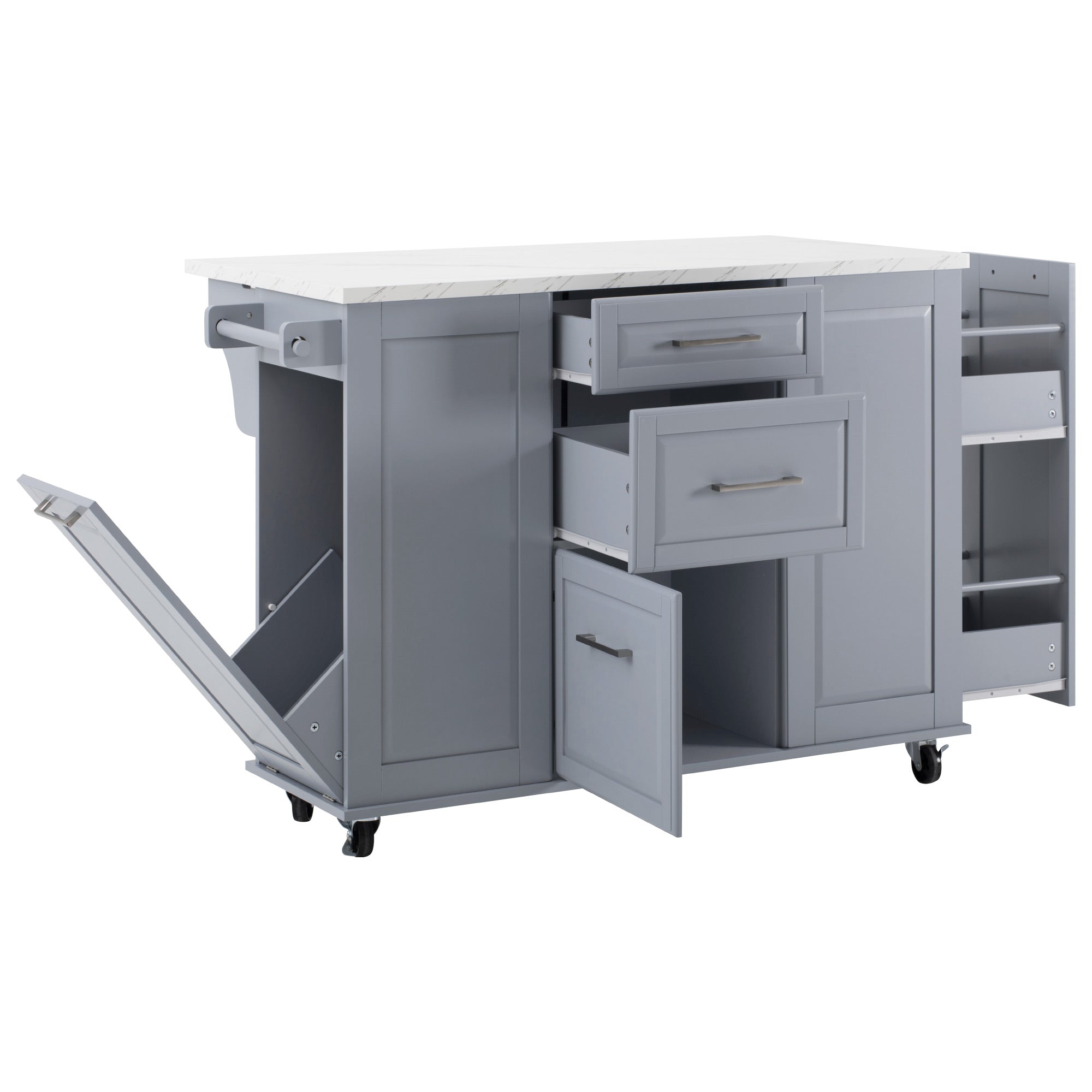 Deauville gray kitchen island showing hidden tilt-out trash cabinet pull-out spice racks drawers lower cabinet and organized kitchen storage compartments