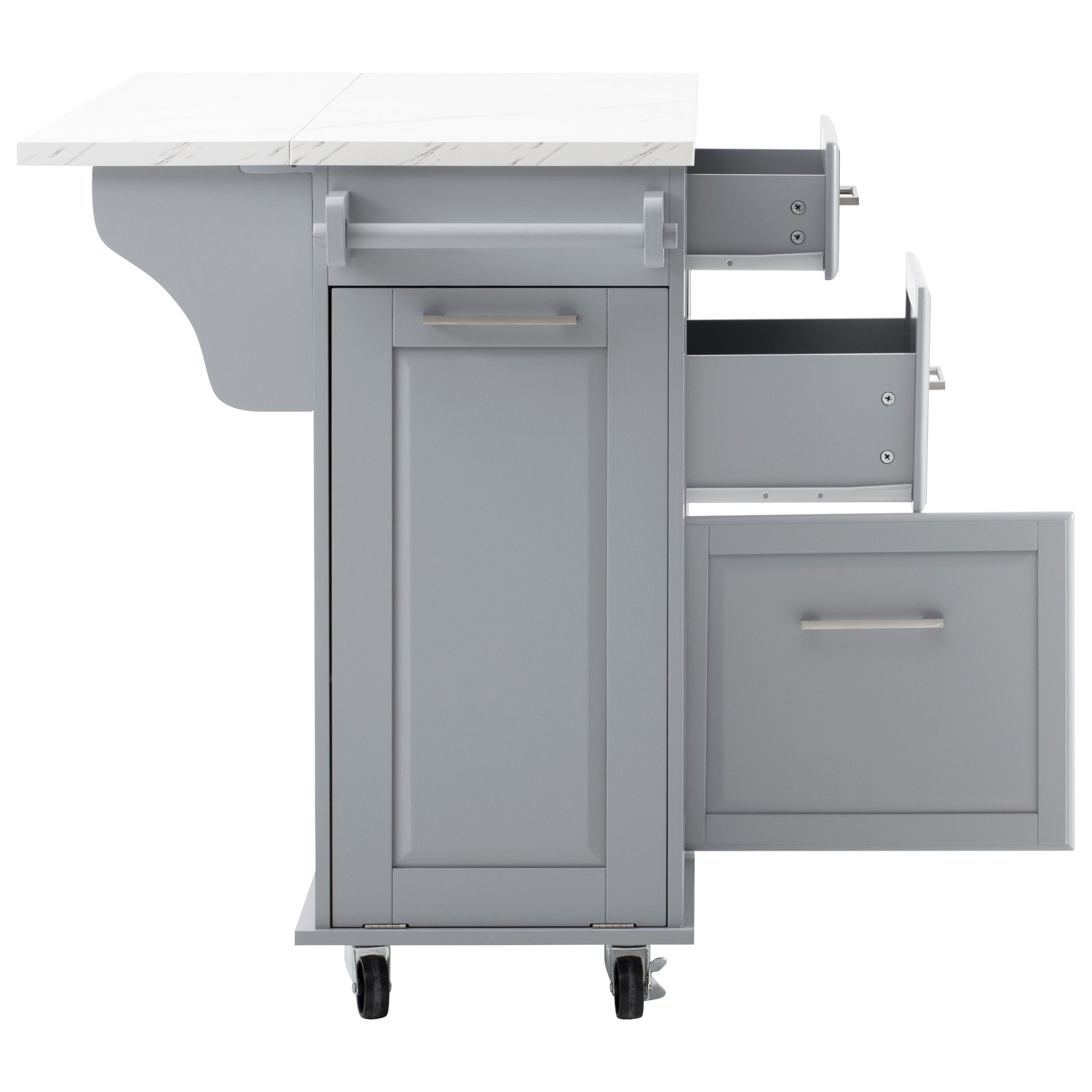 Deauville gray kitchen island showing drop leaf countertop towel bar drawer storage and lower cabinet access from side view