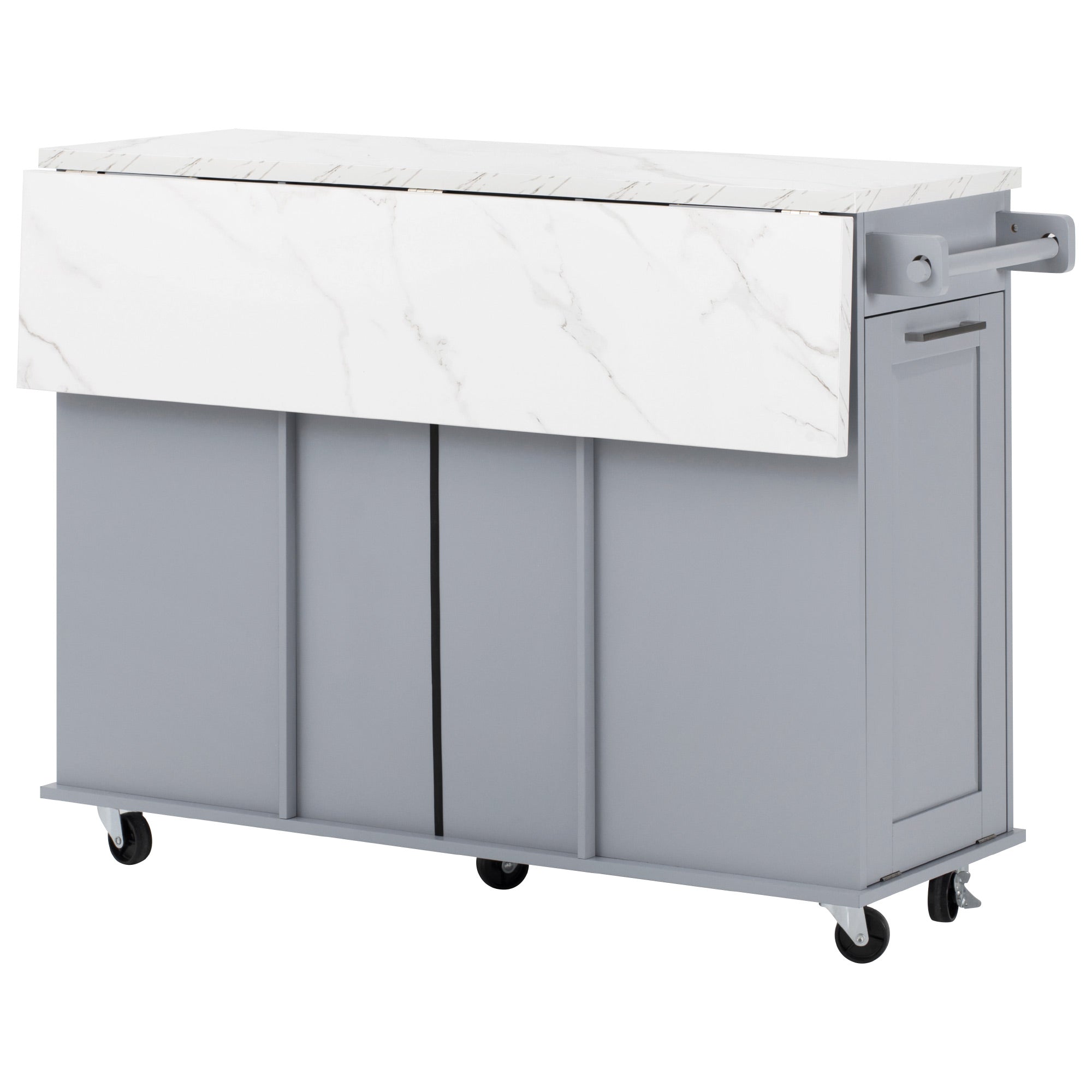 Deauville gray kitchen island showing folded drop leaf countertop in space - saving configuration with marble - look surface and caster wheels