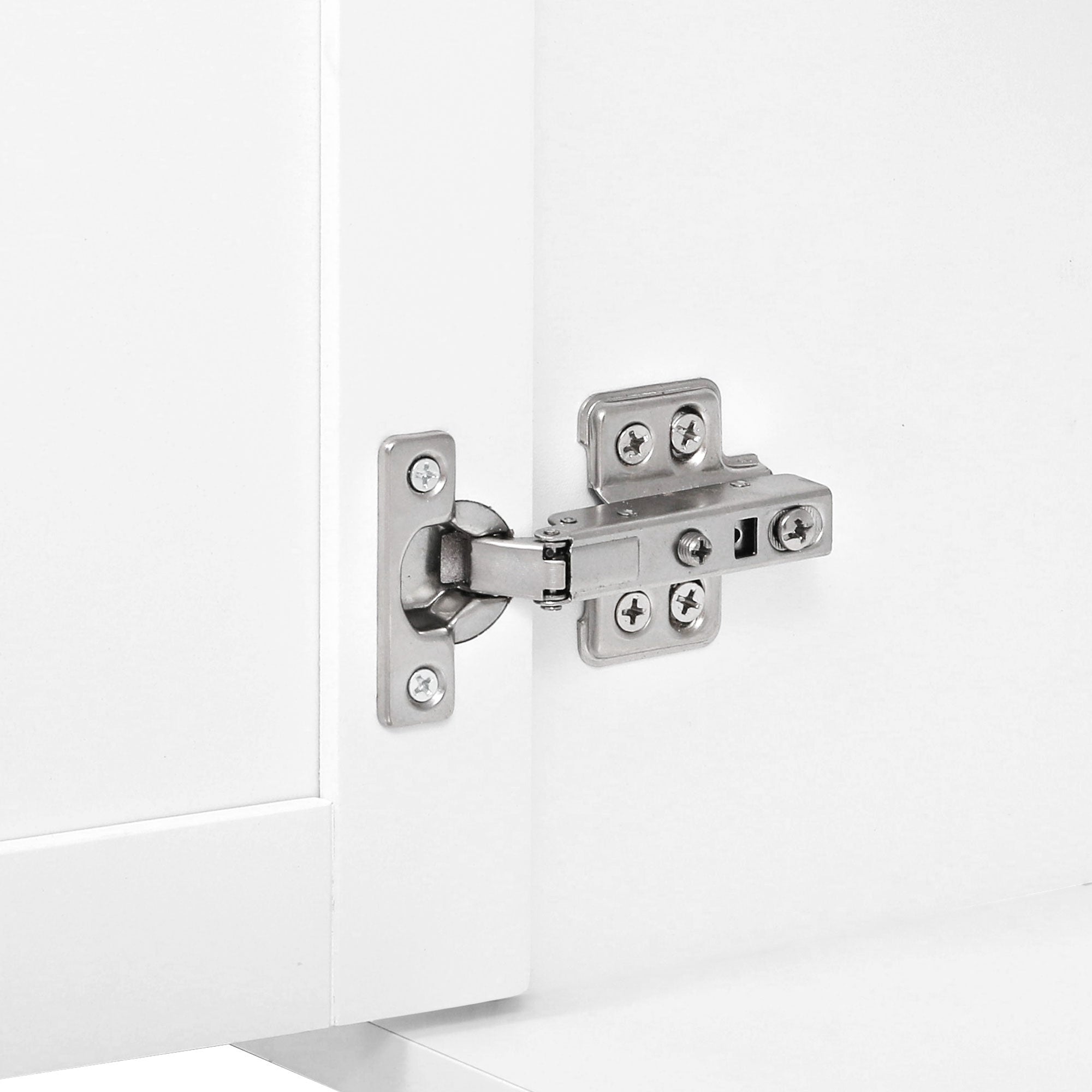 Deauville gray kitchen island showing concealed soft-close cabinet hinge hardware detail for smooth door operation