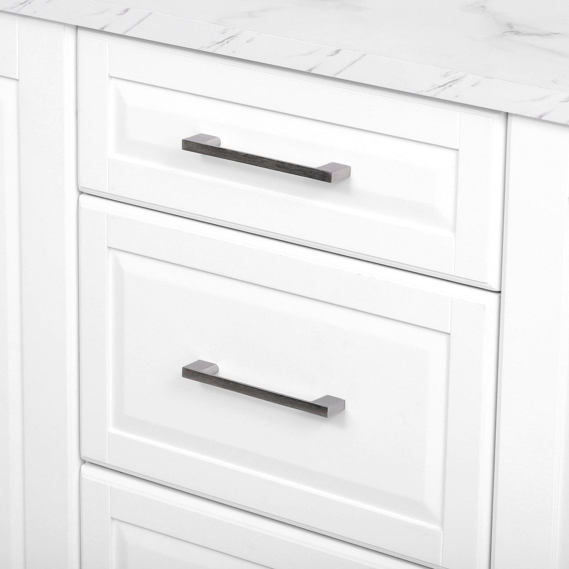 Deauville gray kitchen island showing brushed metal drawer handles and shaker-style drawer front detailing