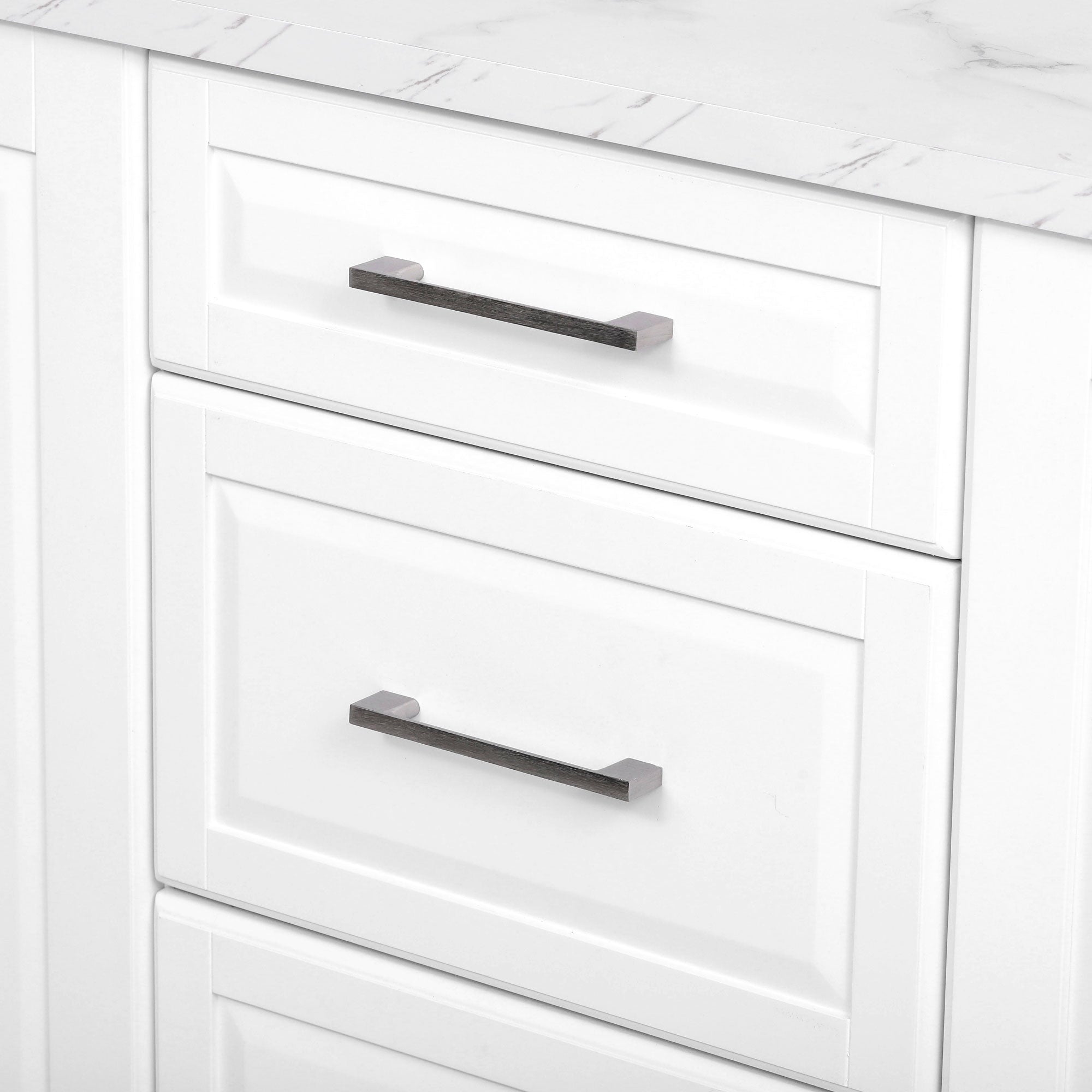 Deauville gray kitchen island showing brushed metal drawer handles and shaker-style drawer front detailing