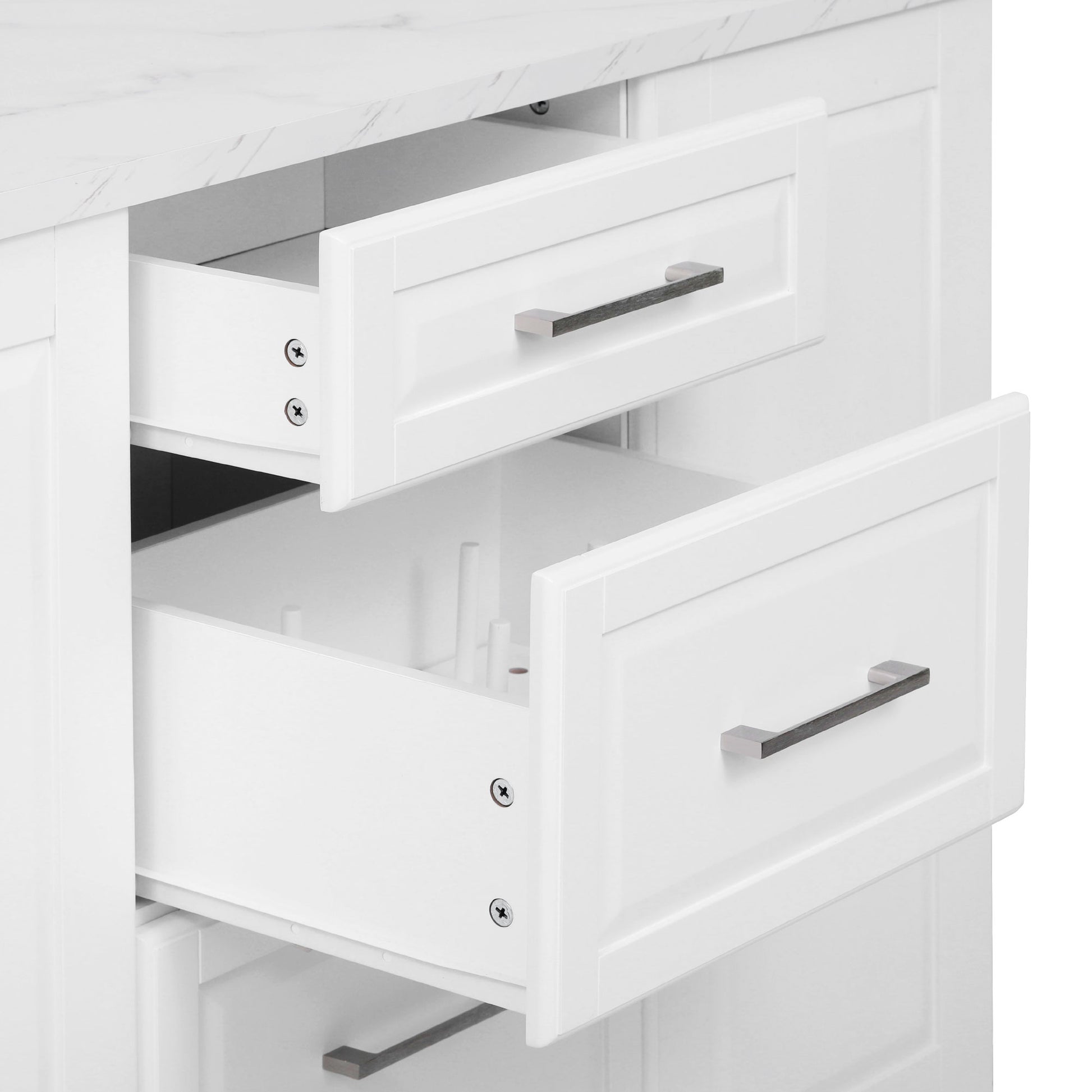 Deauville gray kitchen island showing two pull-out storage drawers with shaker-style fronts and organized kitchen storage capacity