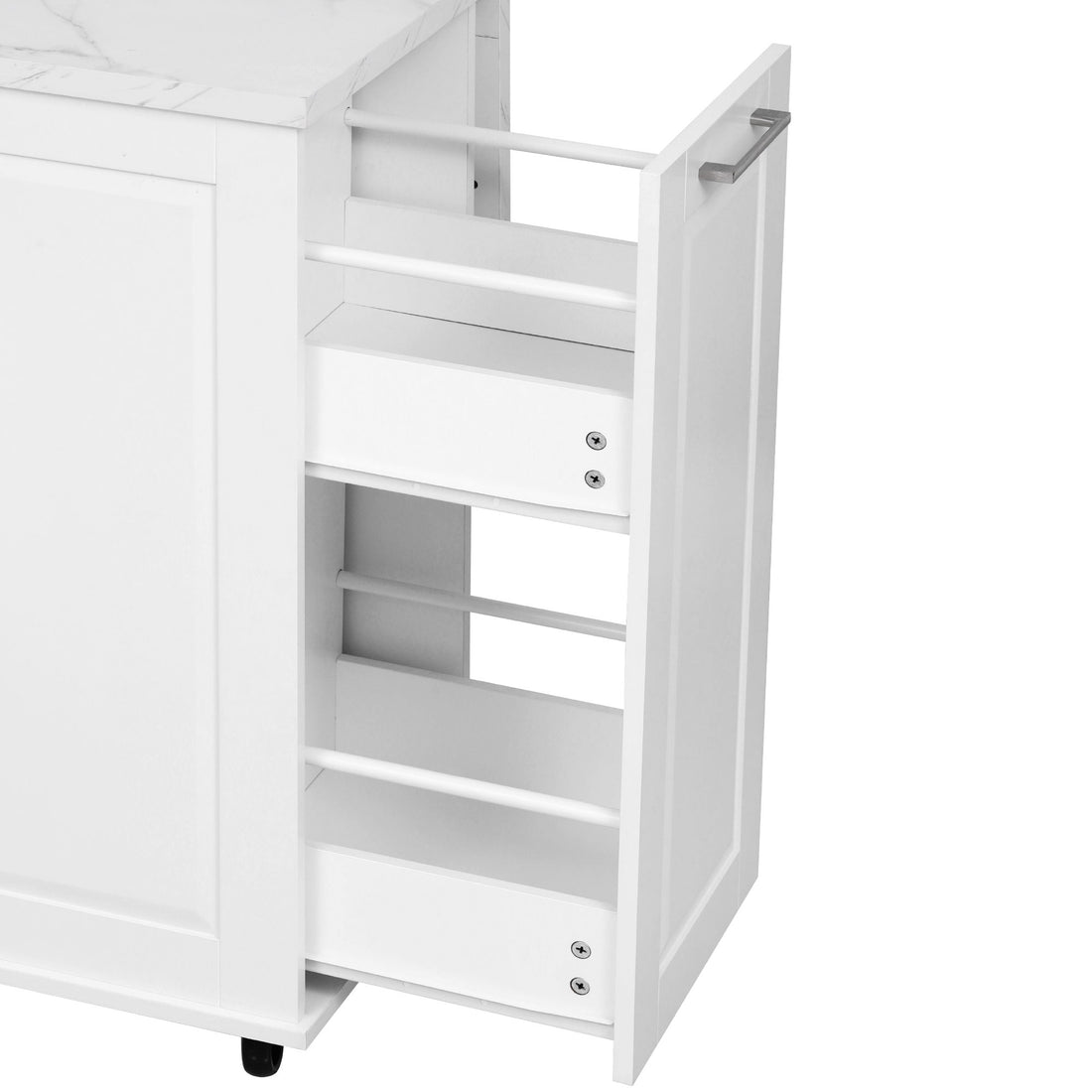 Deauville gray kitchen island showing pull-out organizer rack with multi-tier storage for spices bottles condiments and kitchen essentials