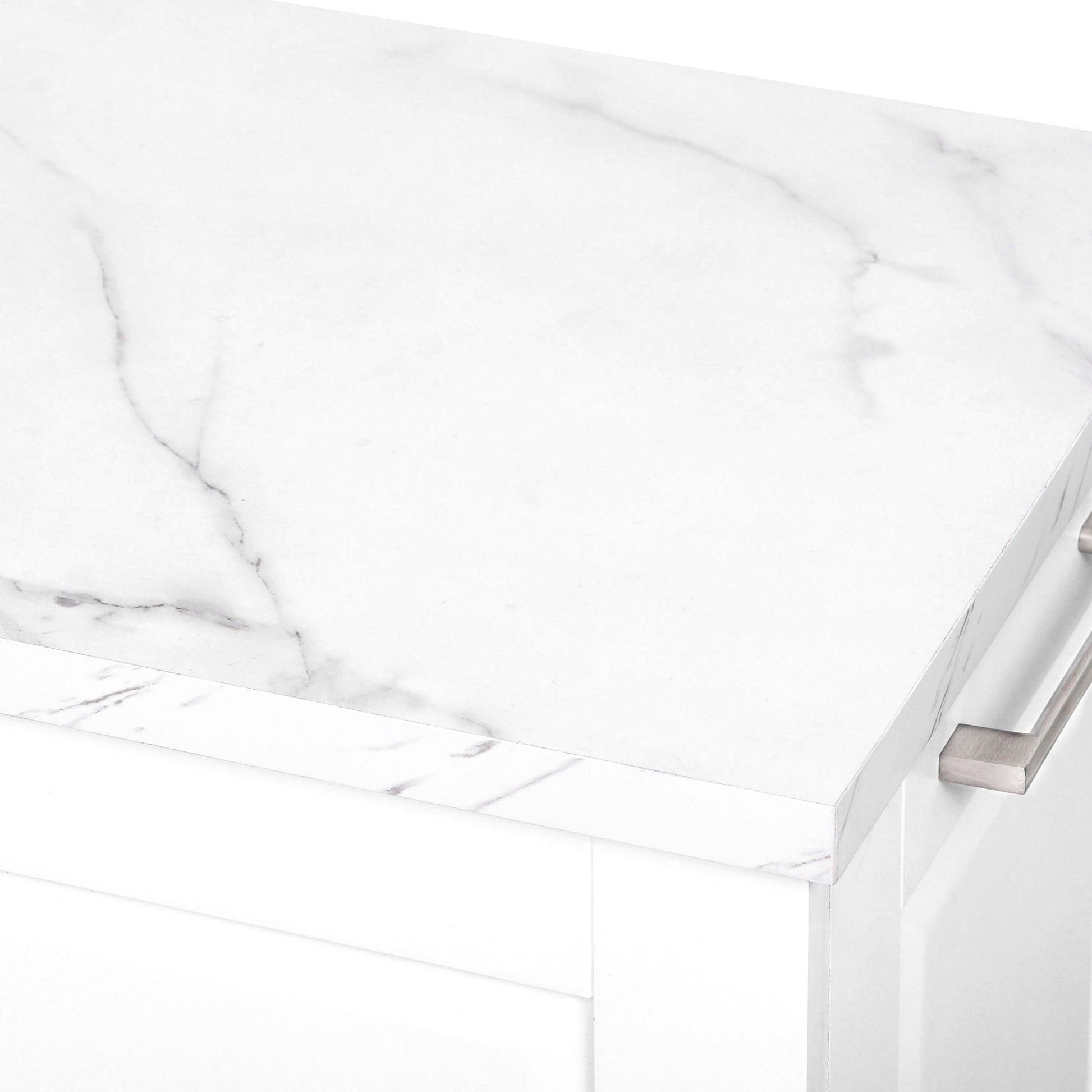 Deauville gray kitchen island showing marble-look countertop surface detail with smooth finish for food preparation and serving