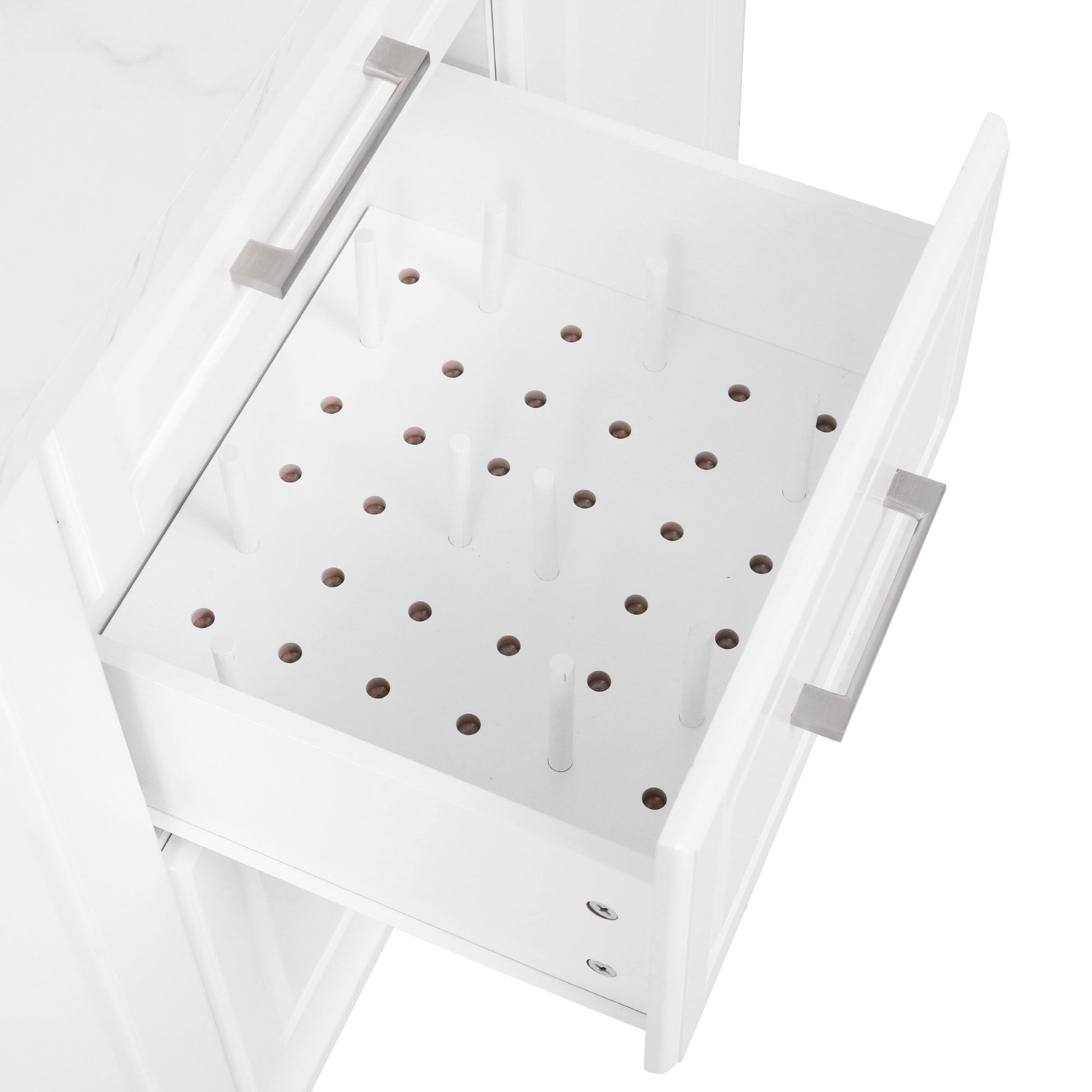Deauville gray kitchen island showing adjustable peg drawer organizer for plates bowls lids and kitchenware storage