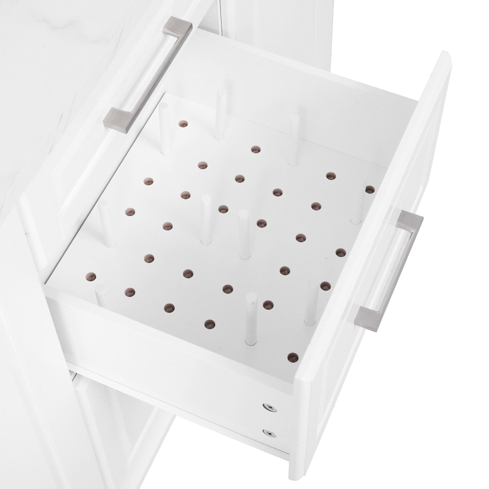 Deauville gray kitchen island showing adjustable peg drawer organizer for plates bowls lids and kitchenware storage