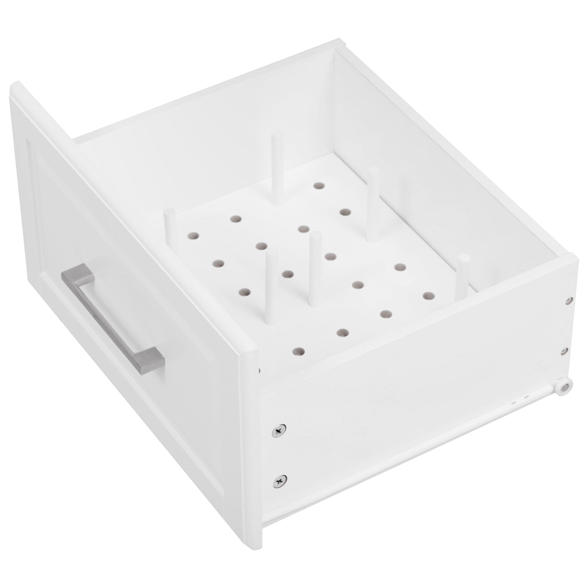 Deauville gray kitchen island showing removable peg organizer drawer designed for customizable kitchenware and dish storage