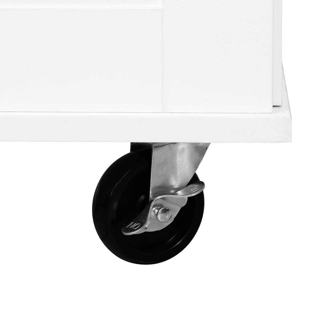 Deauville gray kitchen island showing lockable caster wheel detail for smooth mobility and secure positioning in kitchen spaces