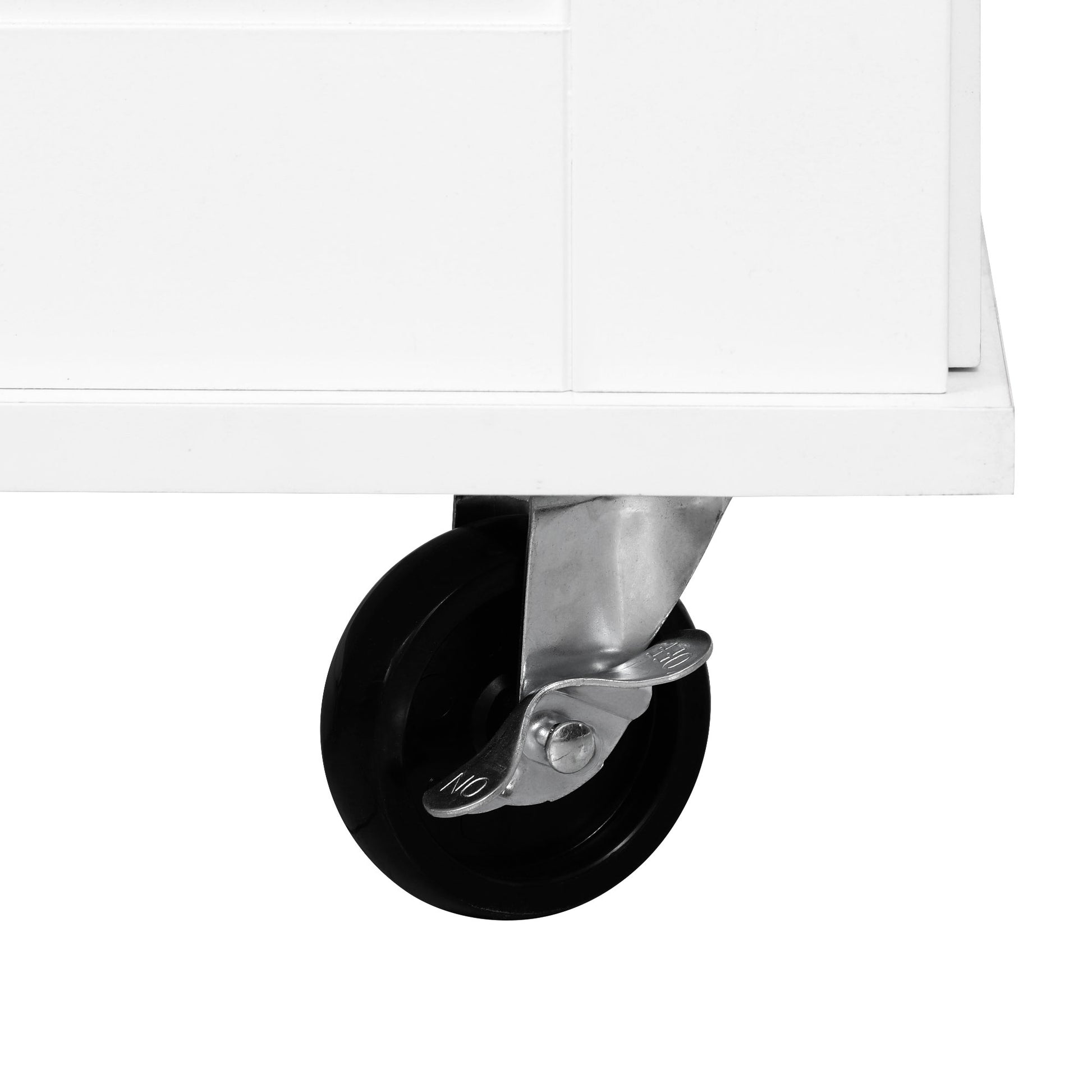 Deauville gray kitchen island showing lockable caster wheel detail for smooth mobility and secure positioning in kitchen spaces