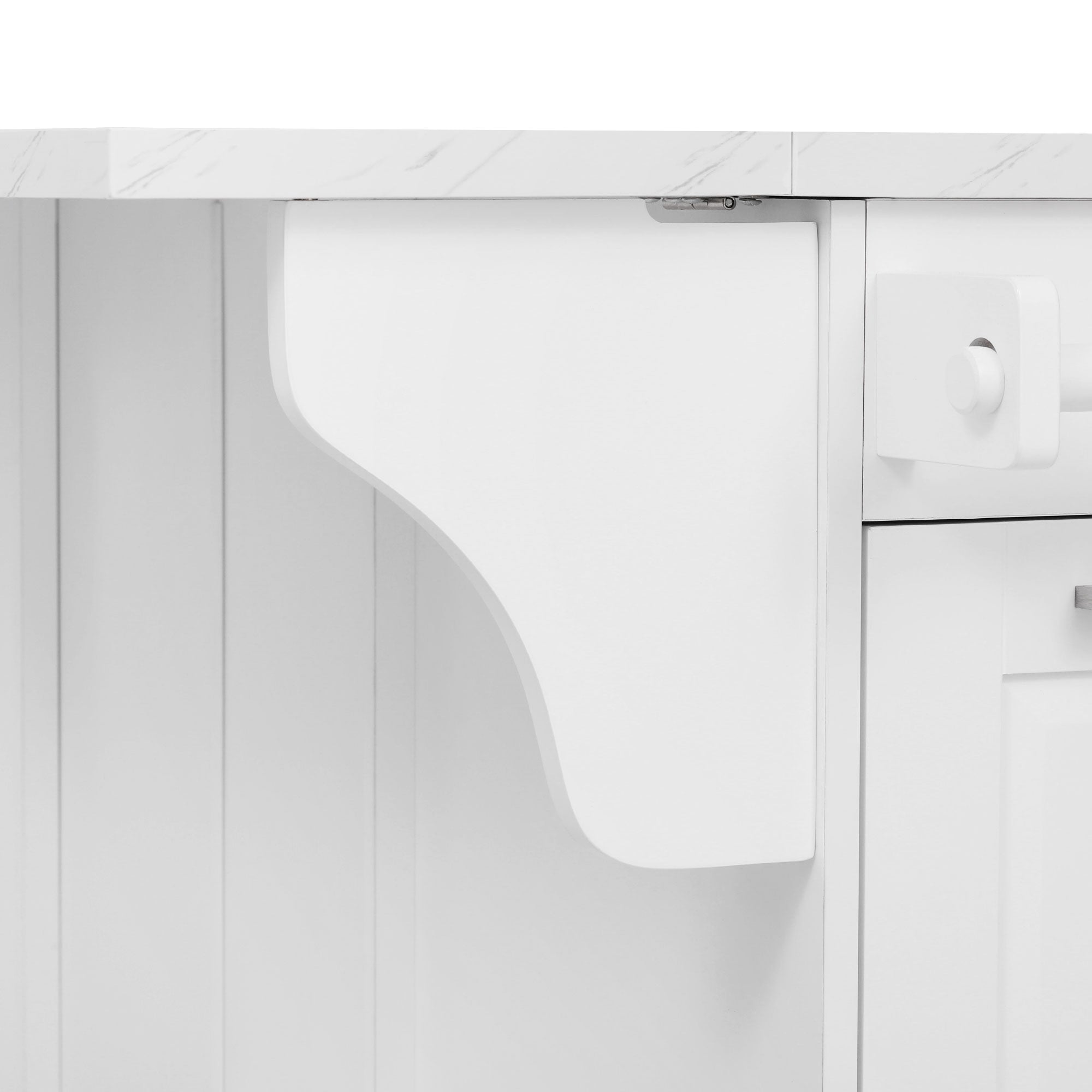 Deauville gray kitchen island showing drop leaf support bracket detail for stable extended countertop functionality