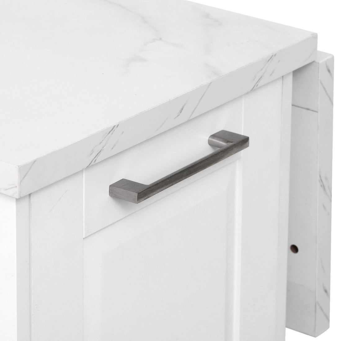Deauville gray kitchen island showing brushed metal cabinet handle and marble-look countertop edge detail