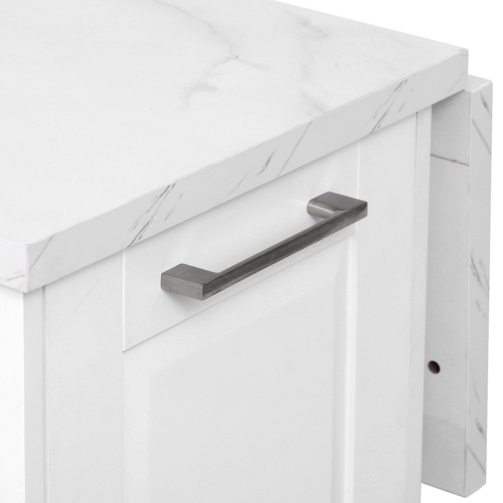 Deauville gray kitchen island showing brushed metal cabinet handle and marble-look countertop edge detail