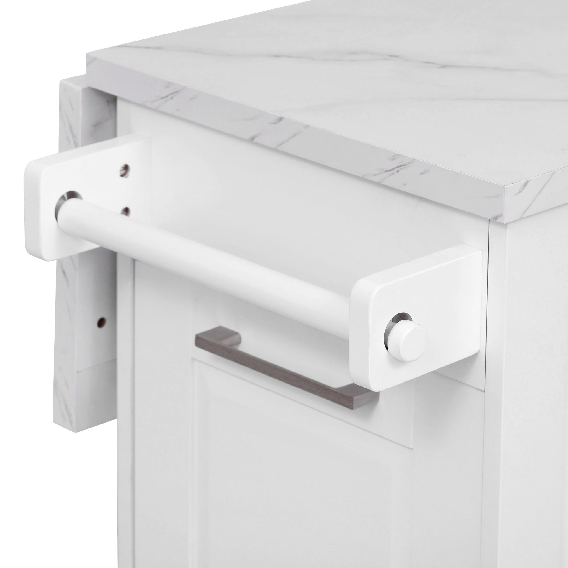 Deauville gray kitchen island showing integrated towel bar side handle and marble-look countertop detail for convenient kitchen use