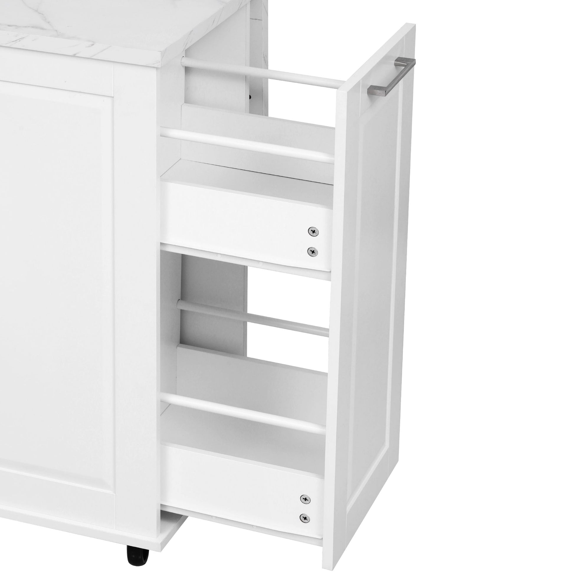 Deauville gray kitchen island showing pull-out side storage rack with tiered organization for bottles spices and kitchen accessories