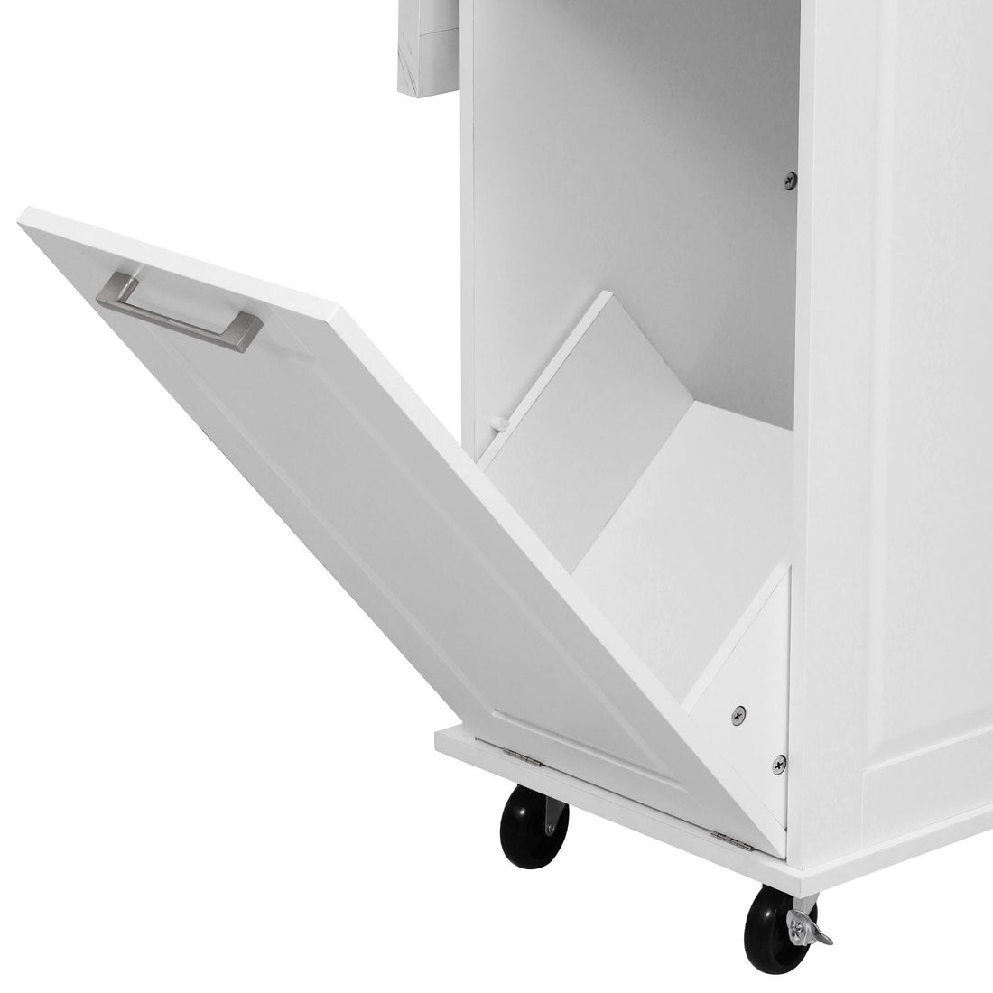 Deauville gray kitchen island showing tilt-out trash storage compartment with concealed waste bin design for a cleaner kitchen appearance