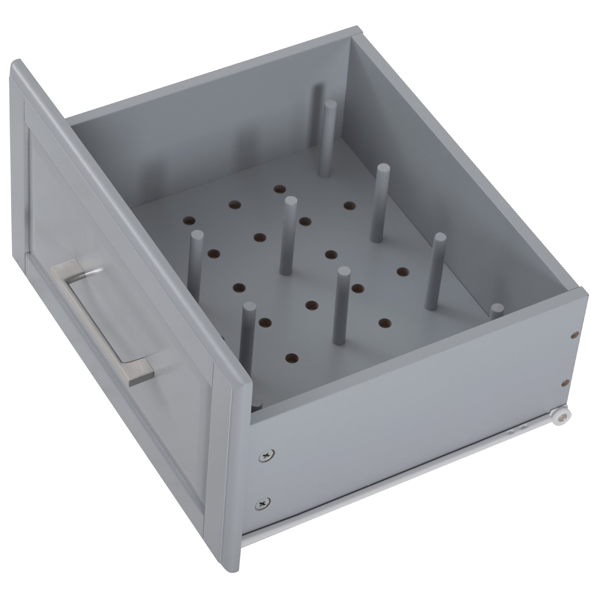 Deauville gray kitchen island showing adjustable peg organizer drawer insert for customizable dishware and kitchen accessory storage