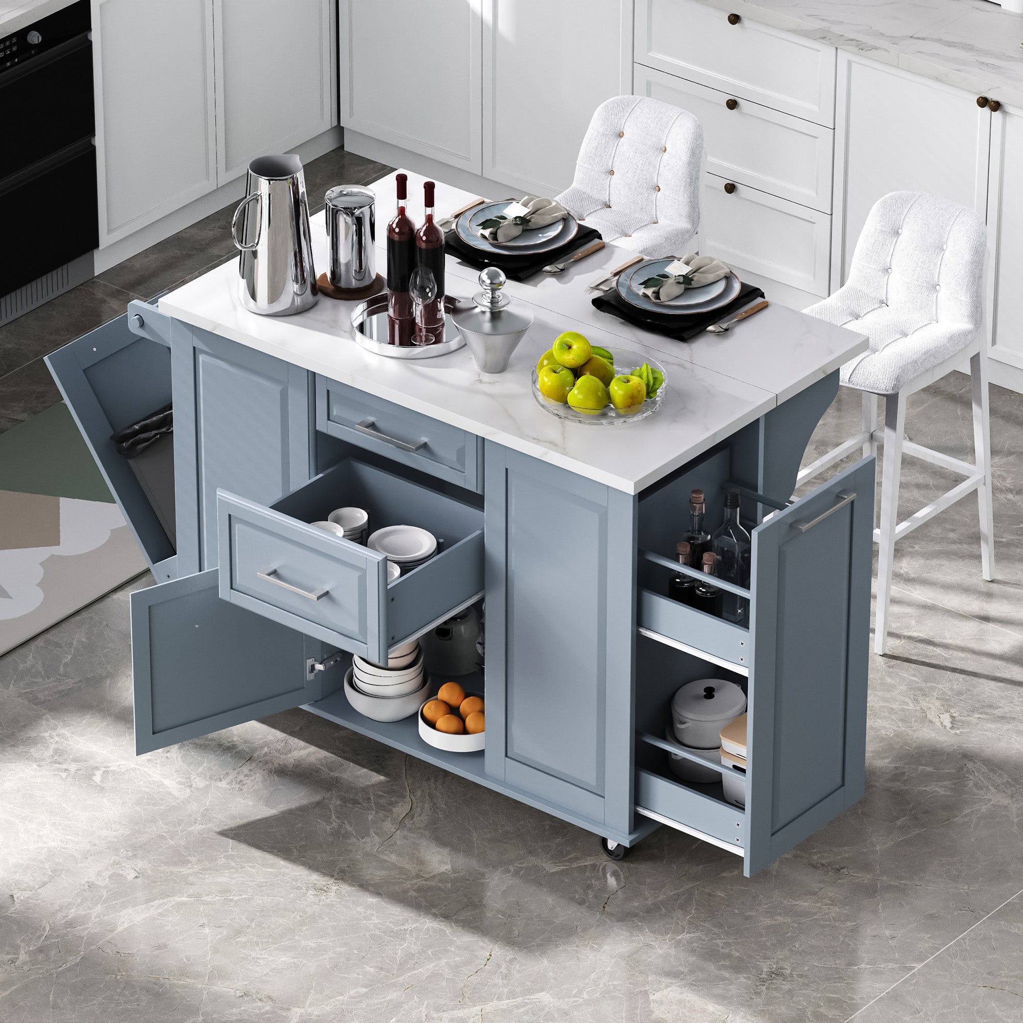 Deauville gray kitchen island showing expanded dining and serving workspace with drawers pull-out organizers hidden trash cabinet and bar seating