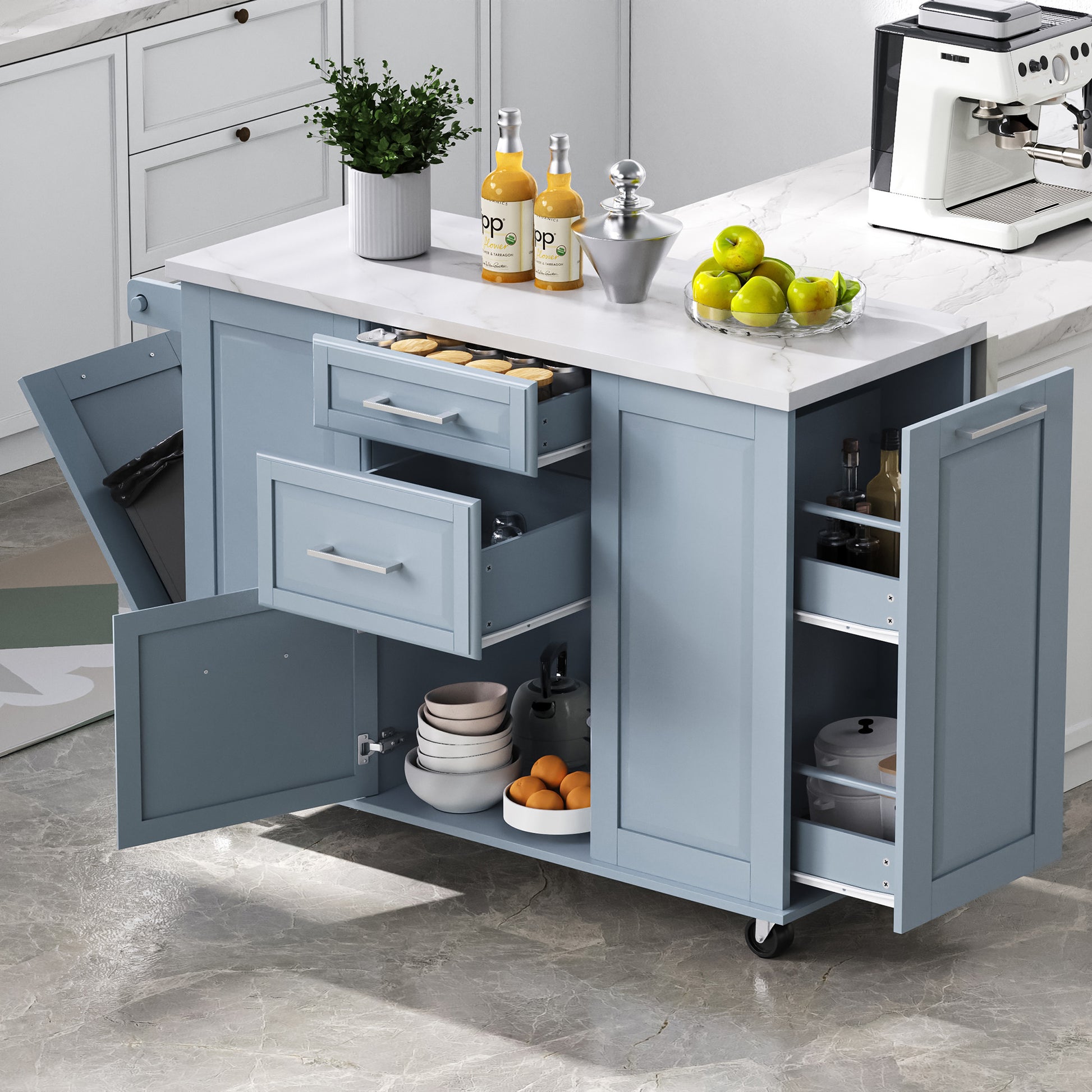 Deauville gray kitchen island showing pull-out organizer shelves drawers hidden tilt-out trash cabinet and spacious kitchen storage compartments