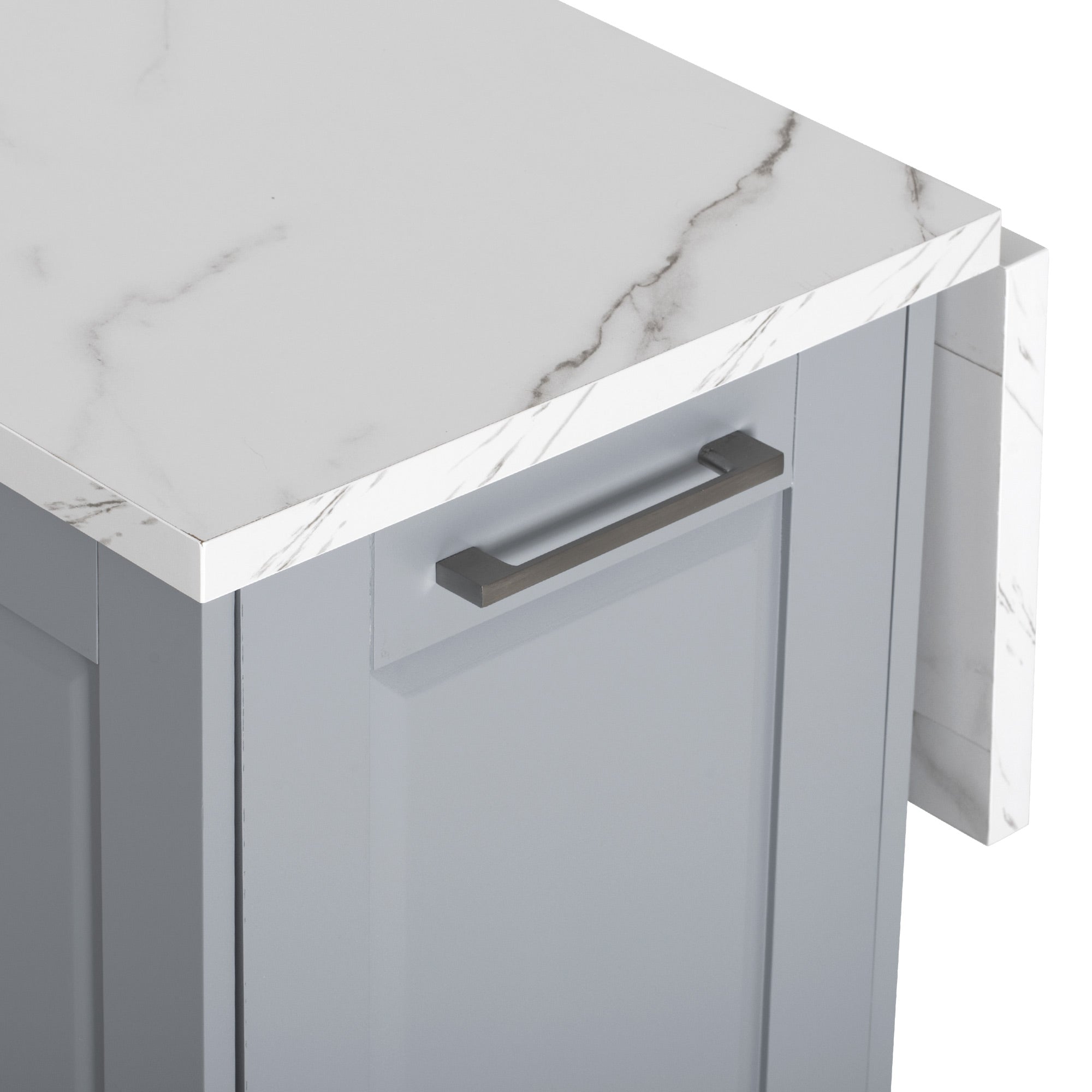 Deauville gray rolling kitchen island close-up of side cabinet handle and marble-look countertop edge detail on white background