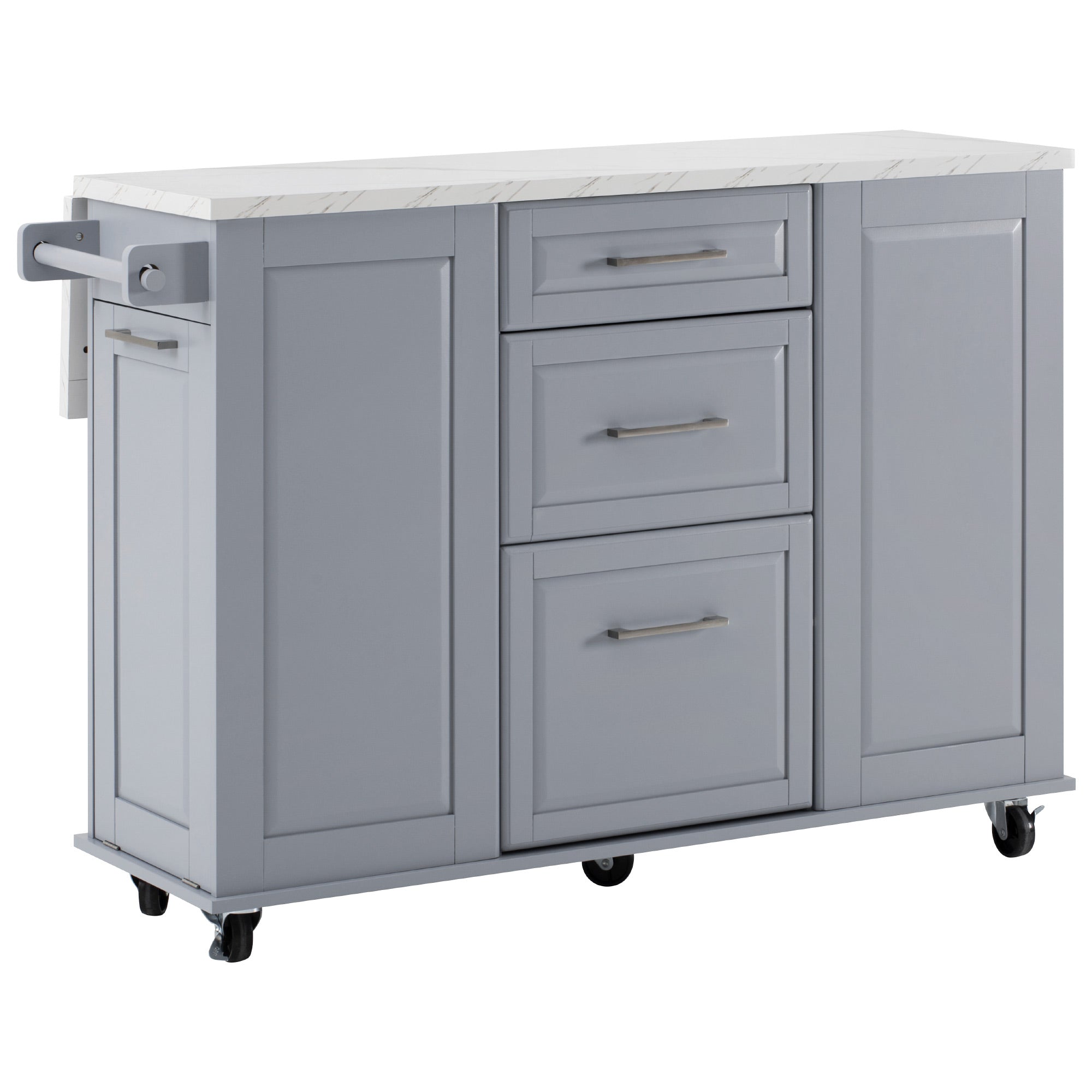 Deauville gray kitchen island showing drop leaf countertop drawers storage cabinets towel holder and rolling caster wheels from angled view