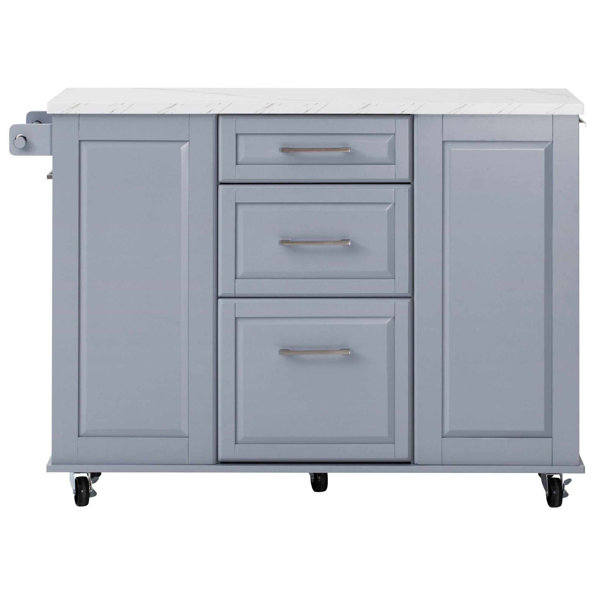 Deauville gray kitchen island showing front view with three storage drawers side cabinets marble-look countertop and caster wheels