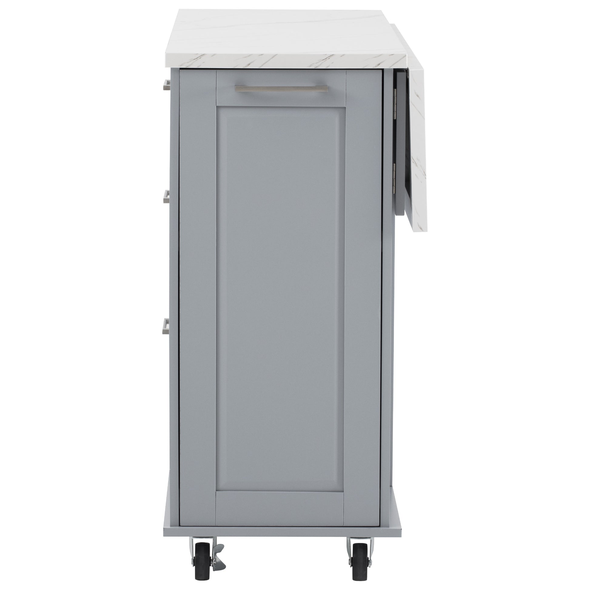 Deauville gray kitchen island showing side profile with drop leaf extension countertop and storage cabinet structure