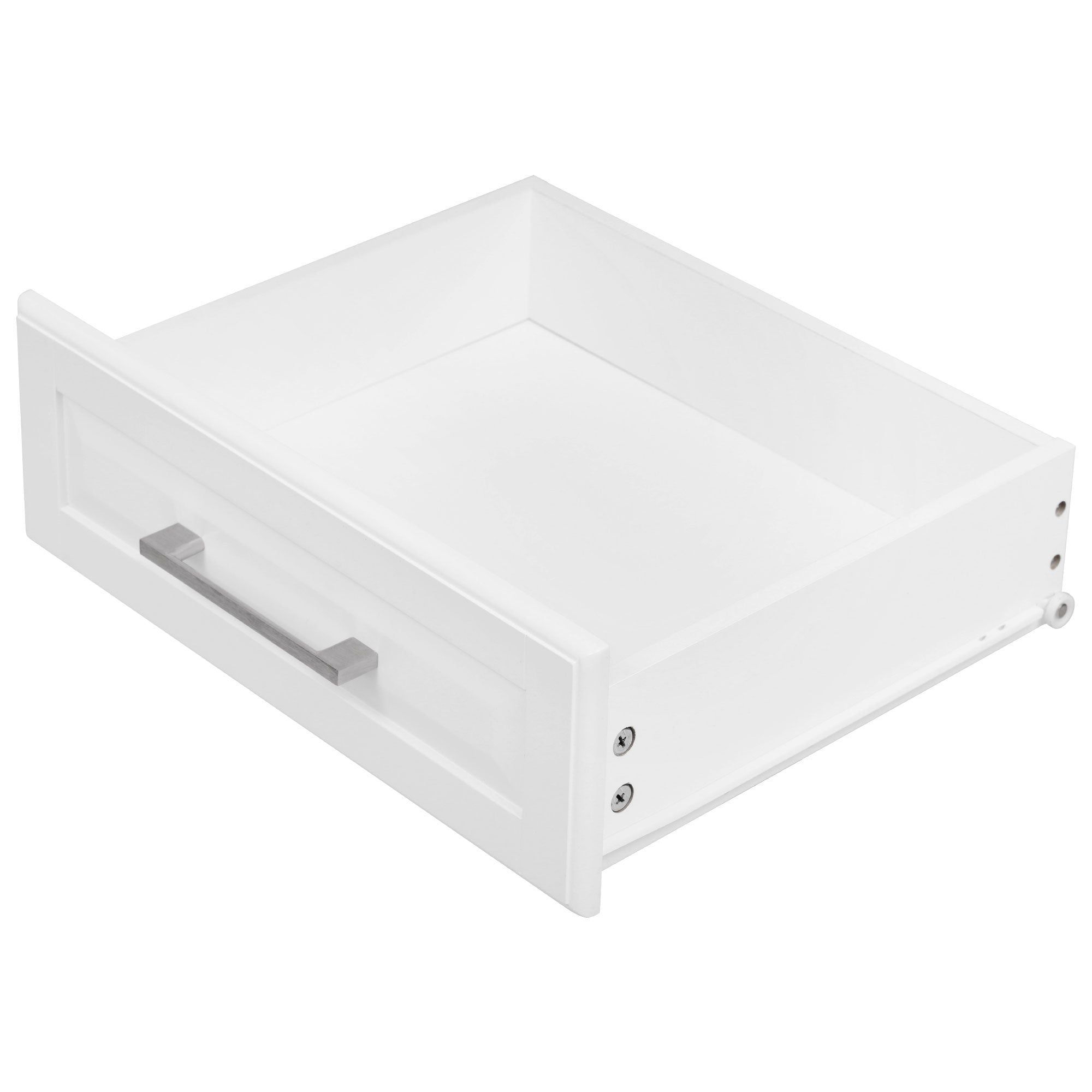 Deauville white kitchen island showing removable storage drawer with metal handle and spacious interior compartment