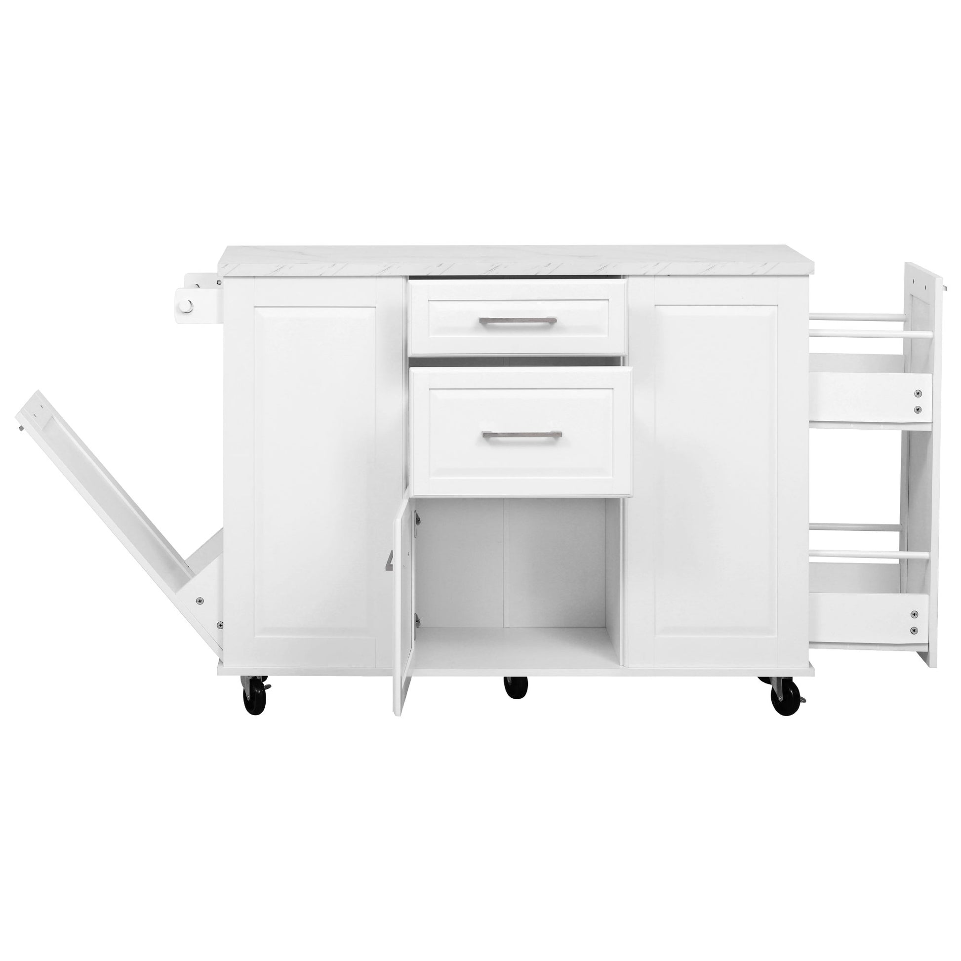 Deauville white kitchen island showing tilt-out trash cabinet drawers lower cabinet and pull-out spice storage racks