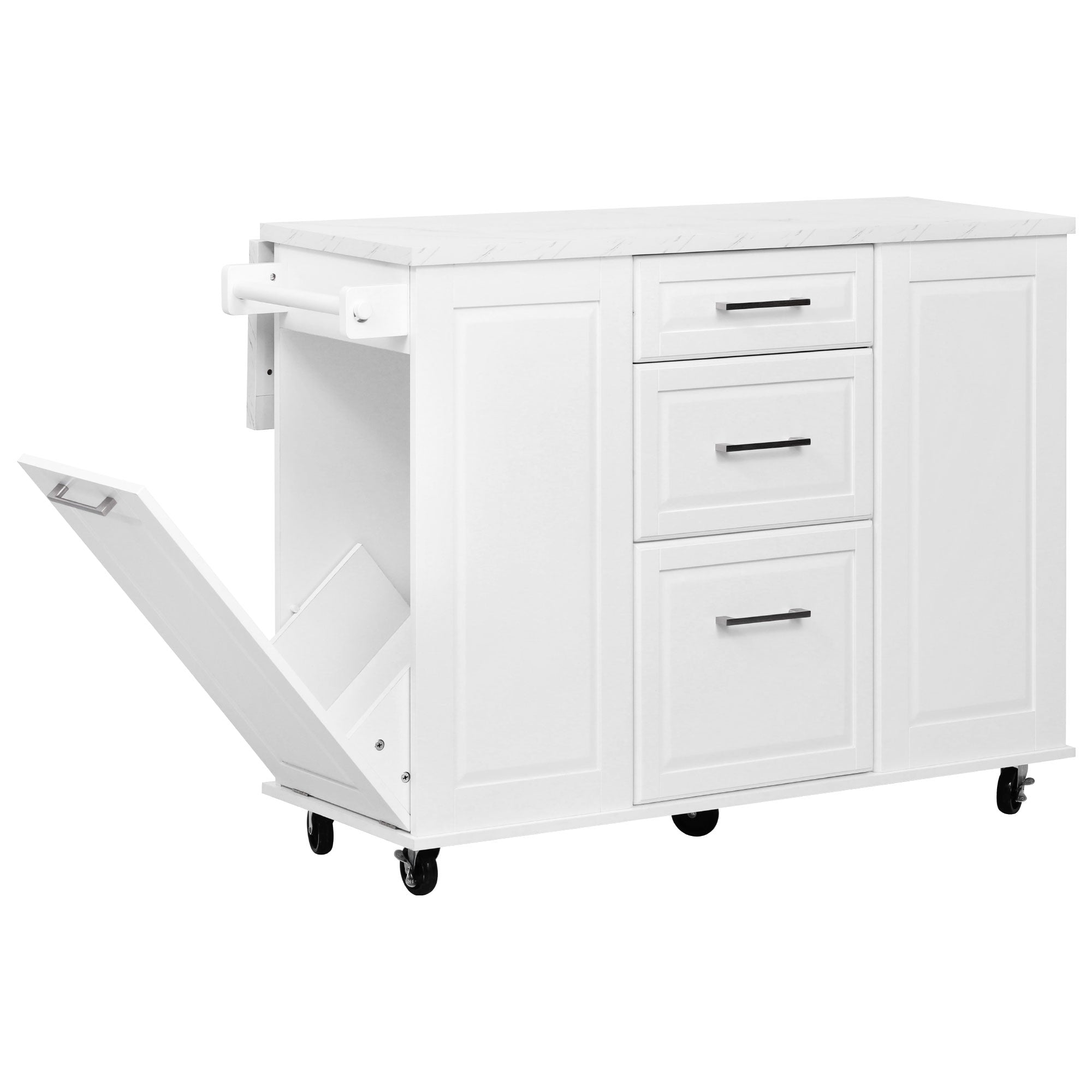 Deauville white kitchen island showing hidden tilt-out trash cabinet with towel bar drawers and rolling caster wheels