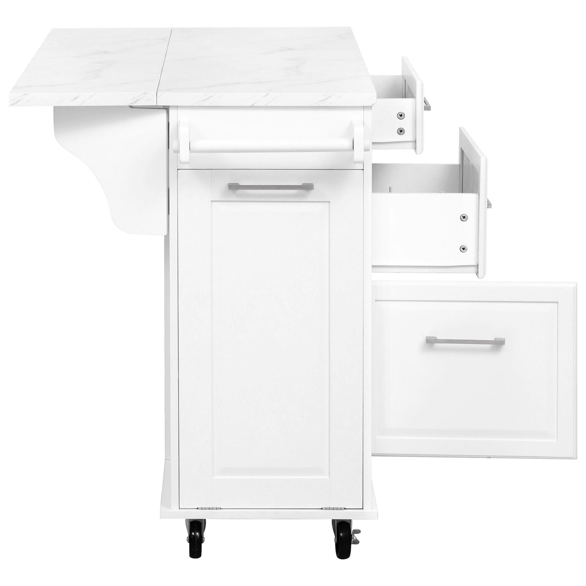 Deauville white kitchen island showing drop leaf countertop towel bar drawer storage and lower cabinet access from side view