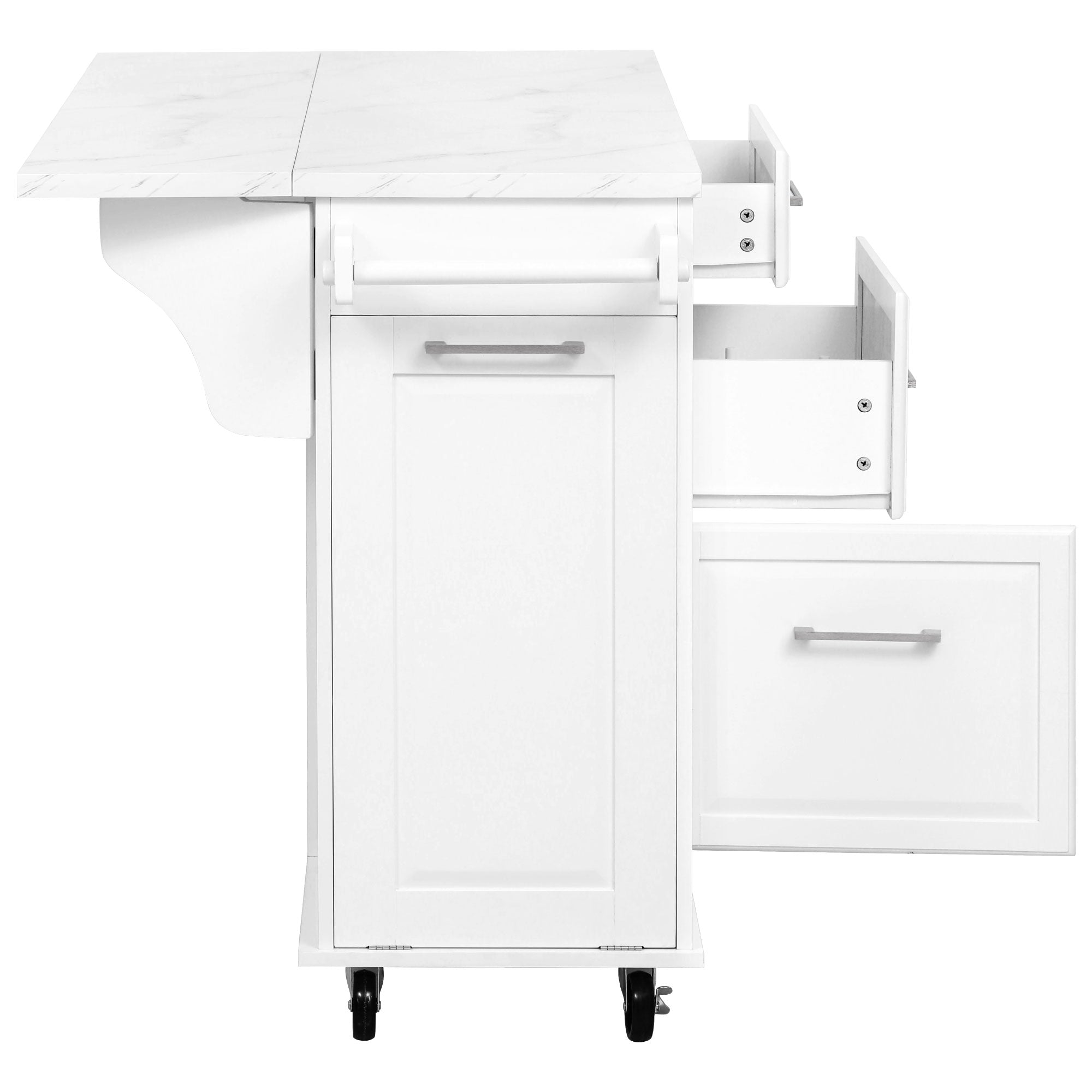 Deauville white kitchen island showing drop leaf countertop towel bar drawer storage and lower cabinet access from side view