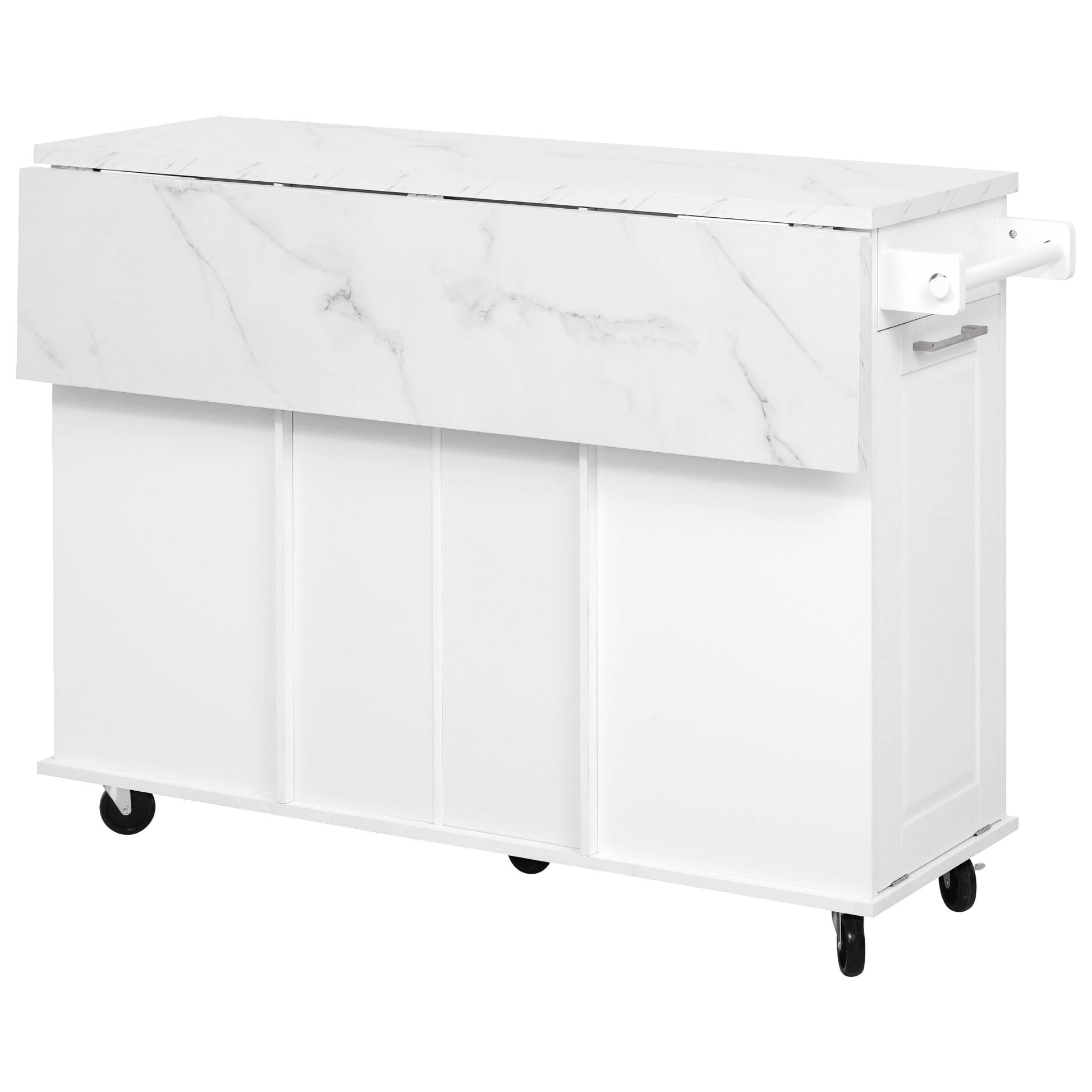 Deauville white kitchen island showing expanded drop leaf countertop creating additional workspace and dining surface