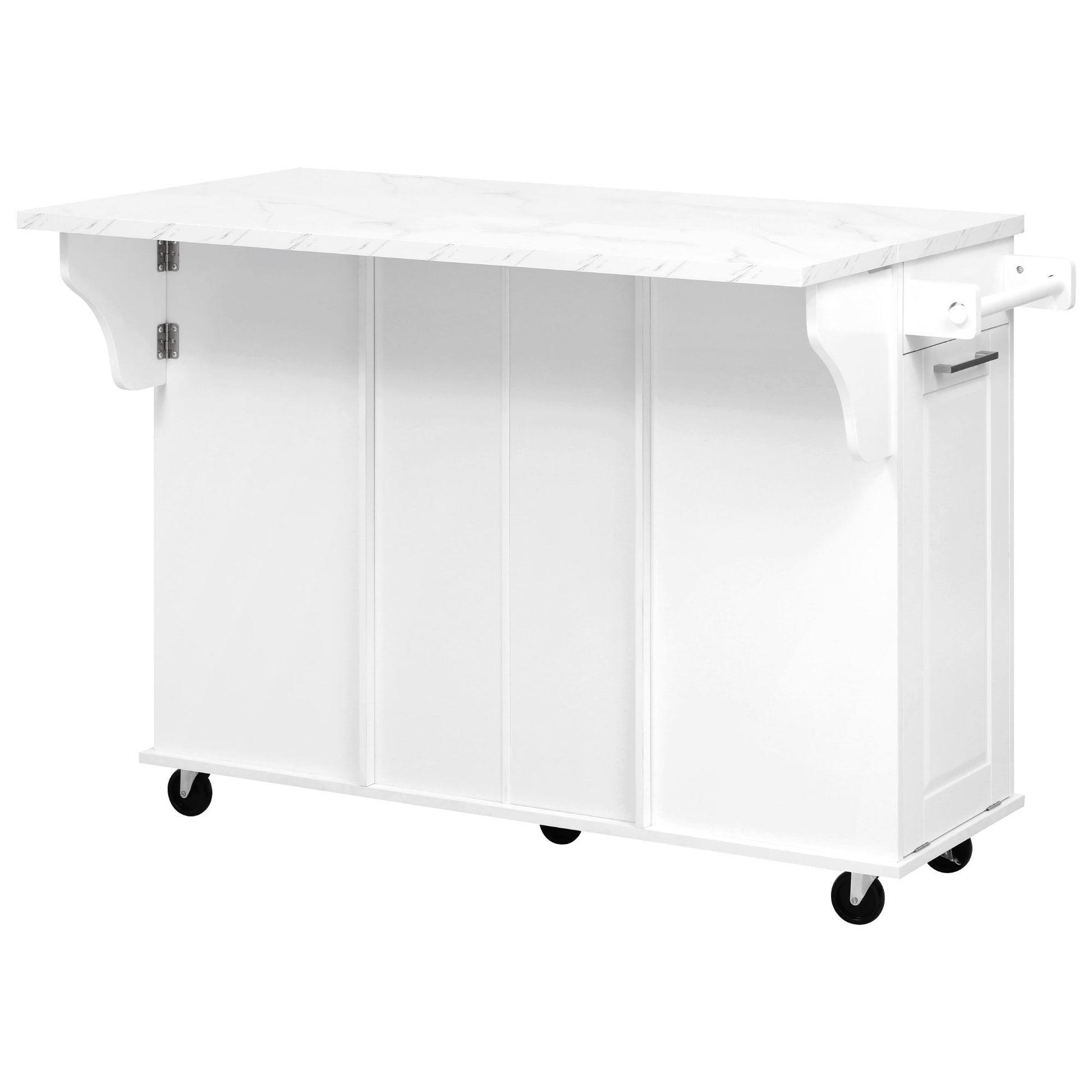 Deauville white kitchen island showing fully extended drop leaf countertop for dining serving and additional kitchen workspace